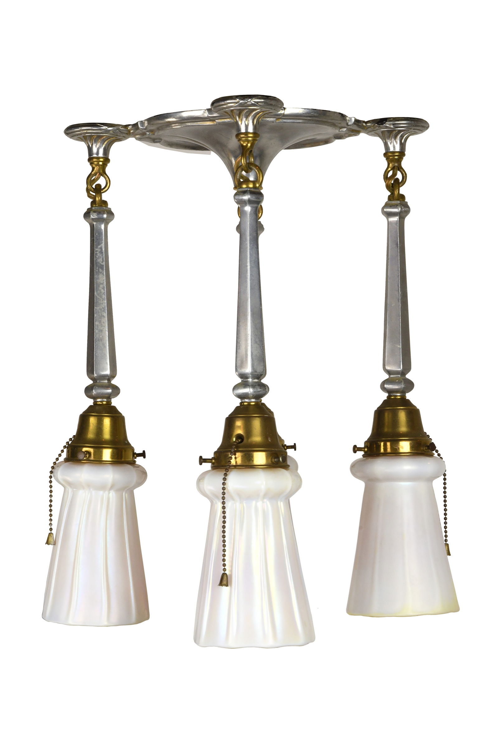 Bradley & Hubbard four light silver-toned and brass flushmount with art glass shades (1 of 7)