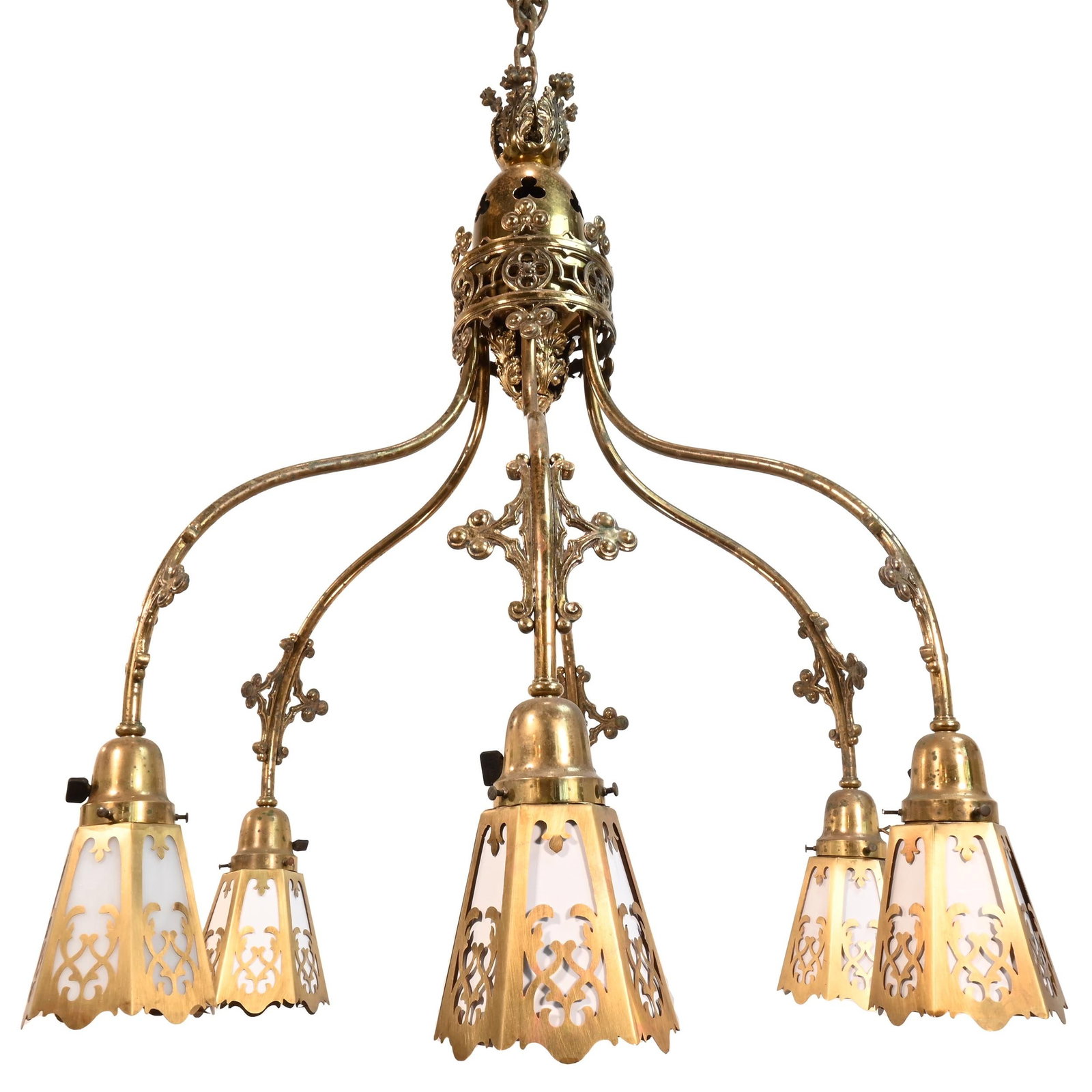 Six light brass gothic chandelier with crockets & slag glass cutout brass shades (1 of 6)