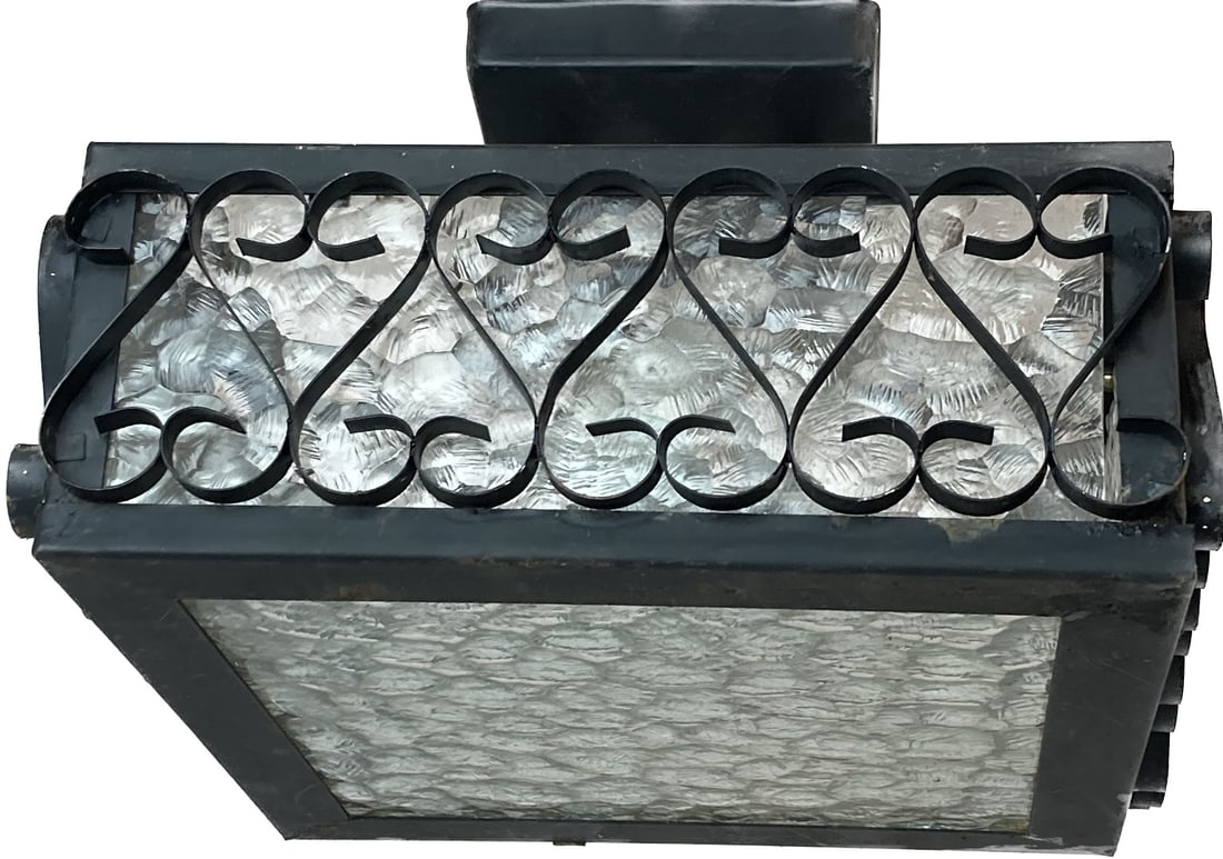 Black square wrought iron flushmount with textured glass (1 of 2)