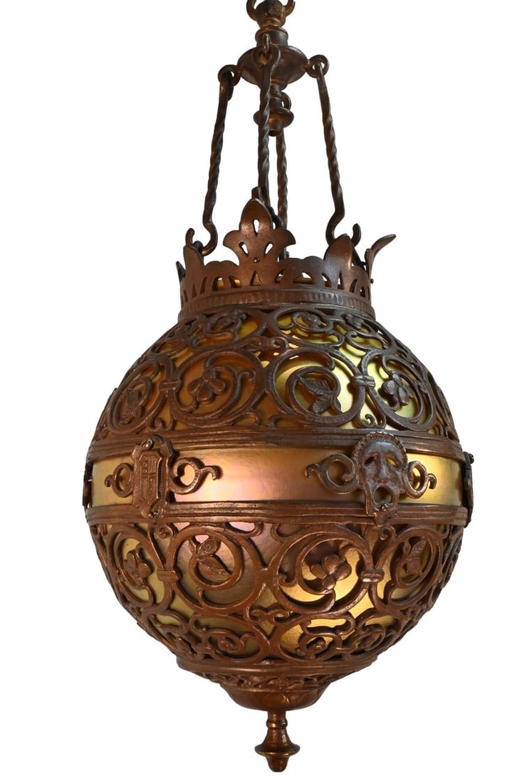 Oscar Bach Designed Bronze Chandelier with Extraordinary Round Globe Steuben American Art Glass (1 of 9)