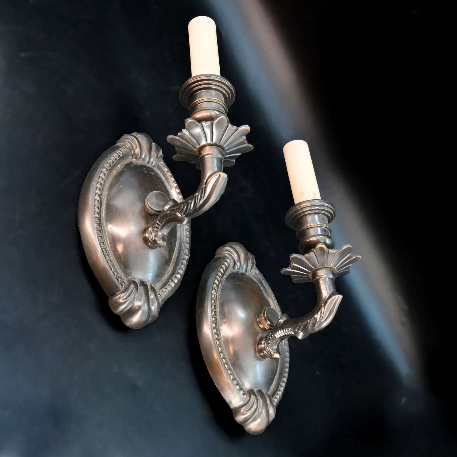 Pair of cast brass reproduction single arm candle sconces (1 of 3)