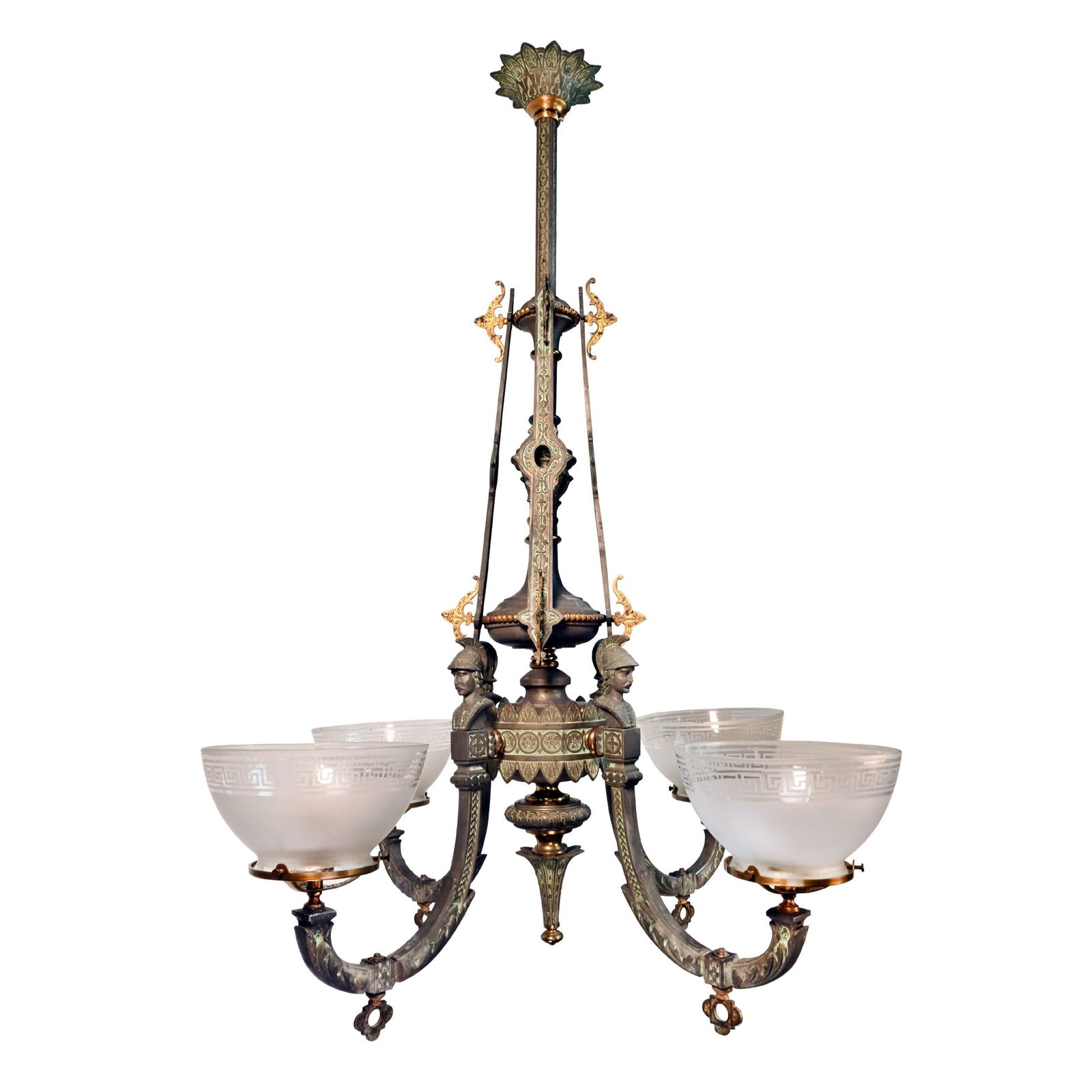 Converted Gas Chandelier of Bronze & Brass With Figures and Greek Key Shades (1 of 5)