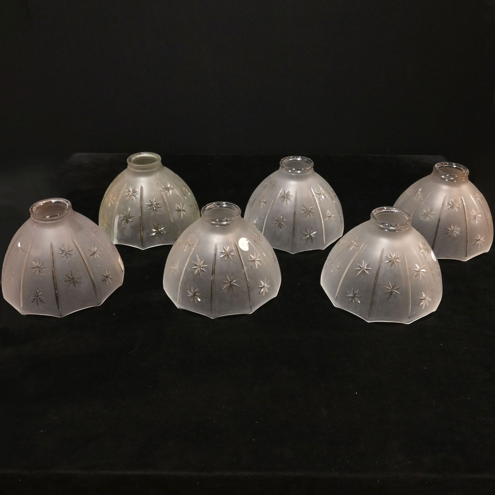 1ST SET OF SAME STYLE: Set of 6 matching 10 scallop star pattern frosted pressed/molded glass shades (1 of 19)