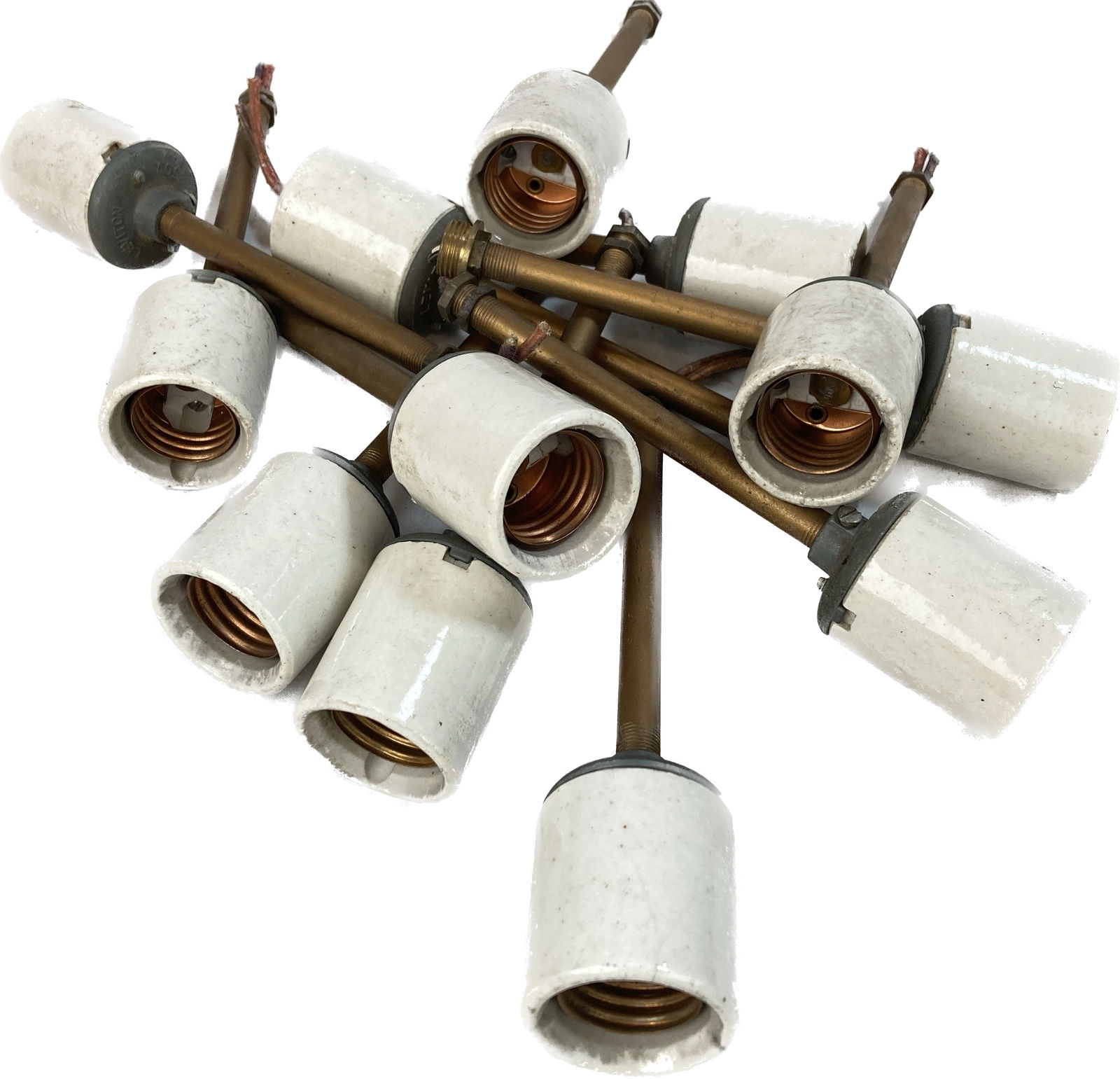 Set of 12 medium Edison base porcelain sockets on steel pipes (1 of 2)
