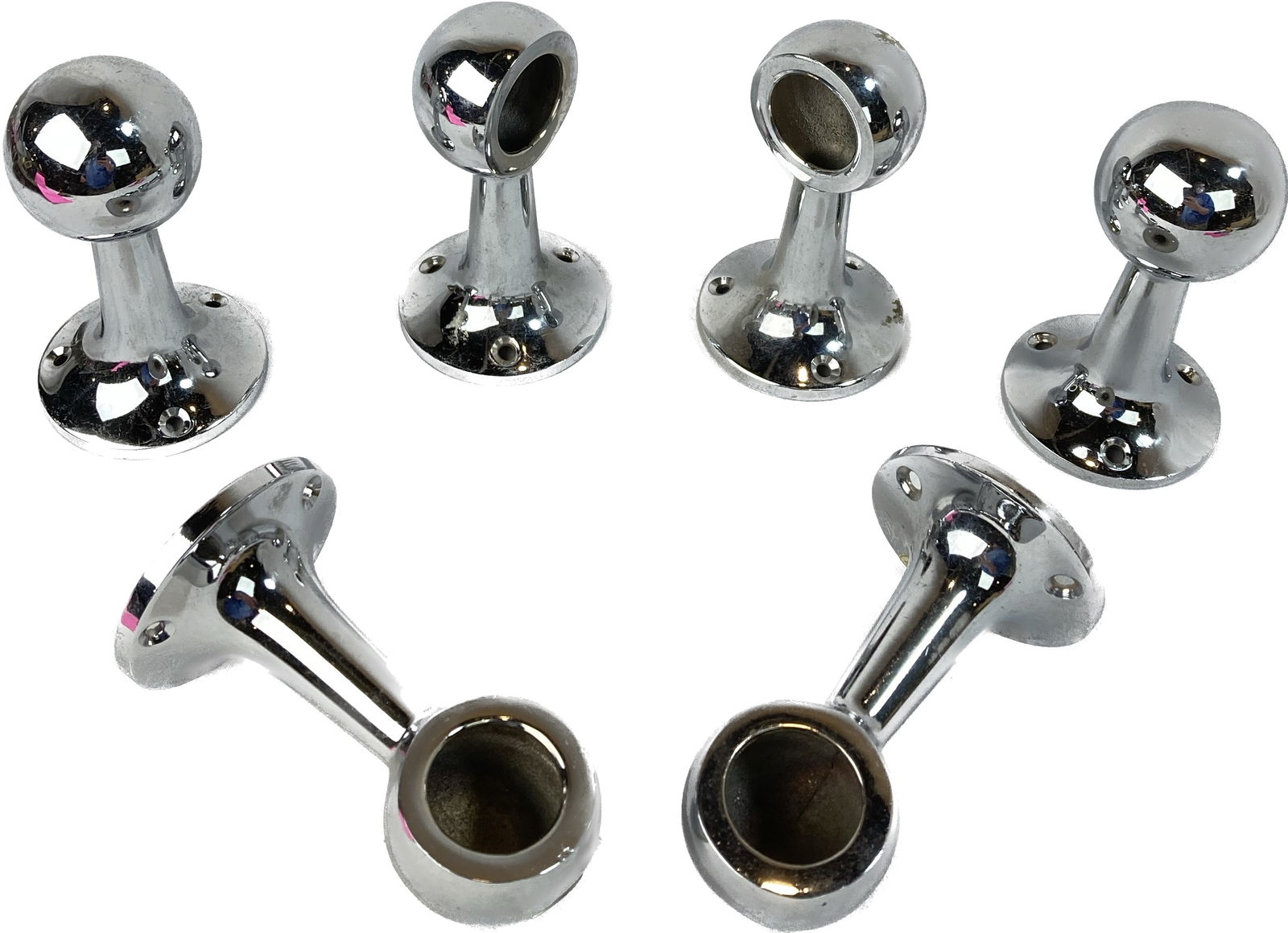 Set of 3 pairs of chrome plated towel bar ends: Set of 3 pairs of chrome plated towel bar ends. 3 3/4" tall x 2 1/4" diameter base.This item is offered with no reserve.