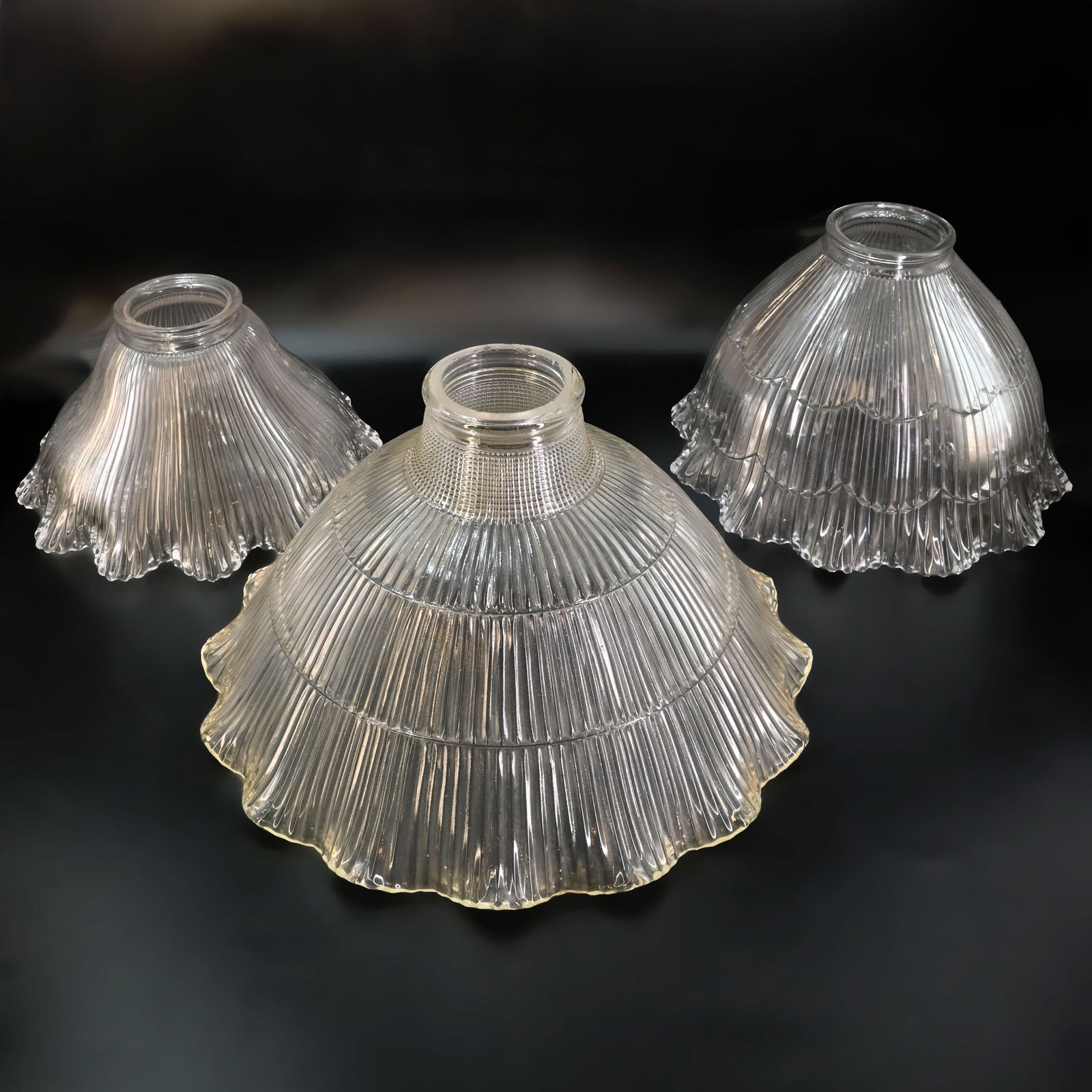 Group of three 2 1/4" fitter mismatched prismatic clear ruffled glass shades (1 of 4)