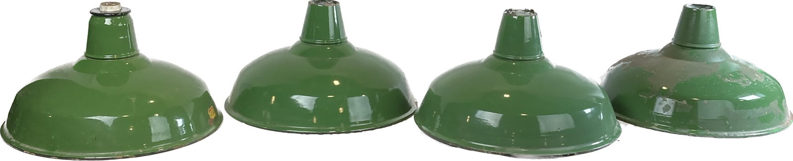 Set of 4 medium matching green enamel round industrial shades: Set of 4 medium matching green enamel round industrial shades. 16" diameter x 9" deep. This item is offered with no reserve.