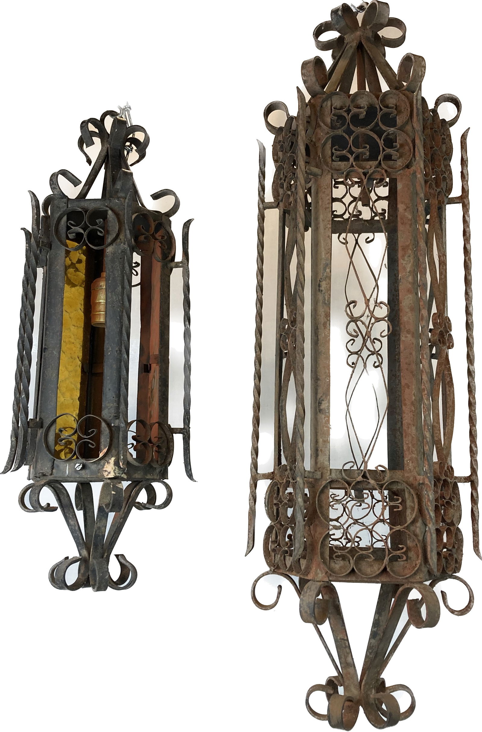 Pair of wrought iron scrolled lantern pendants with amber glass, two different sizes (1 of 4)