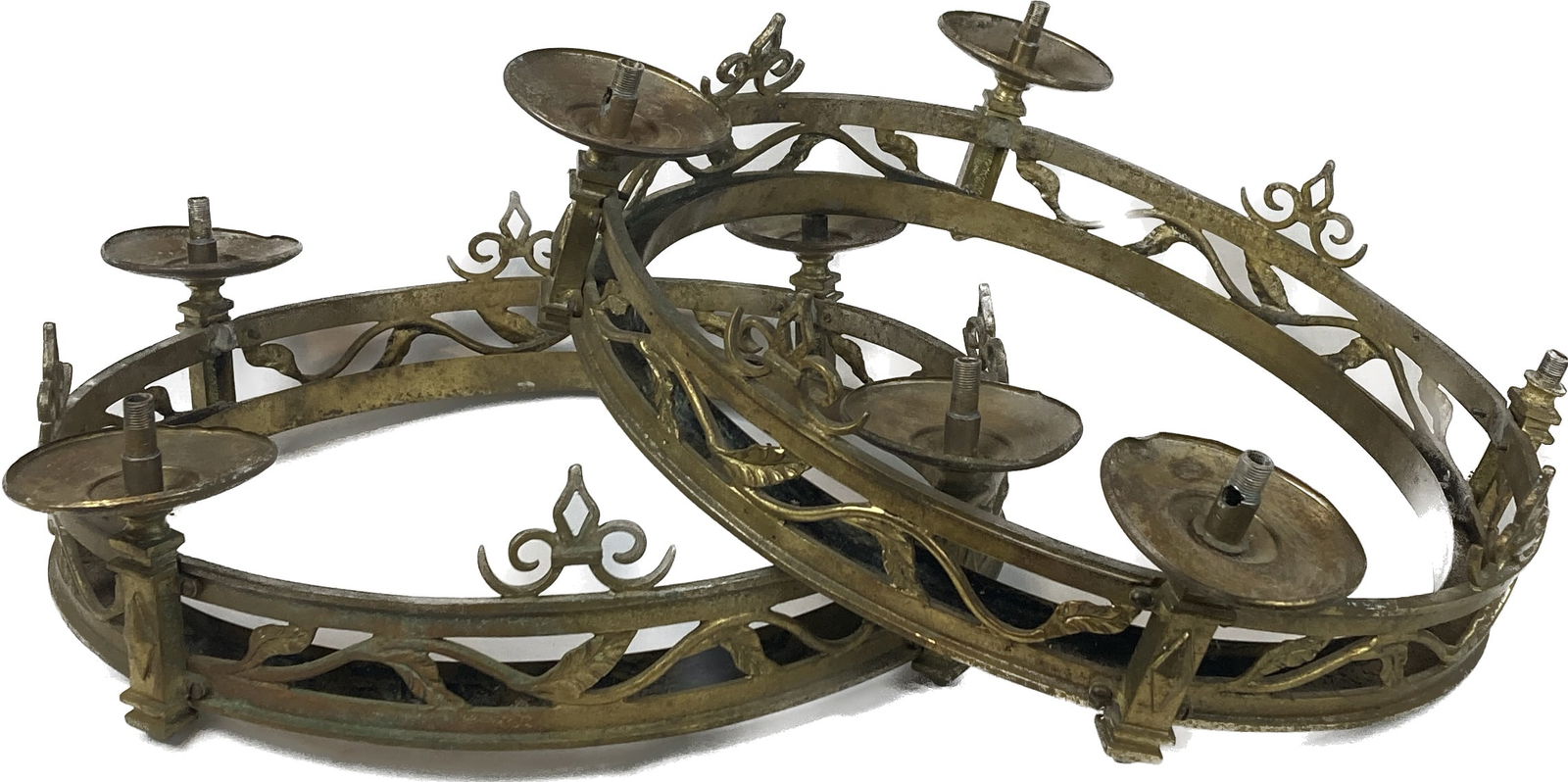 Pair of cast brass rings from chandeliers with 4 socket positions with leaf detailing (1 of 3)