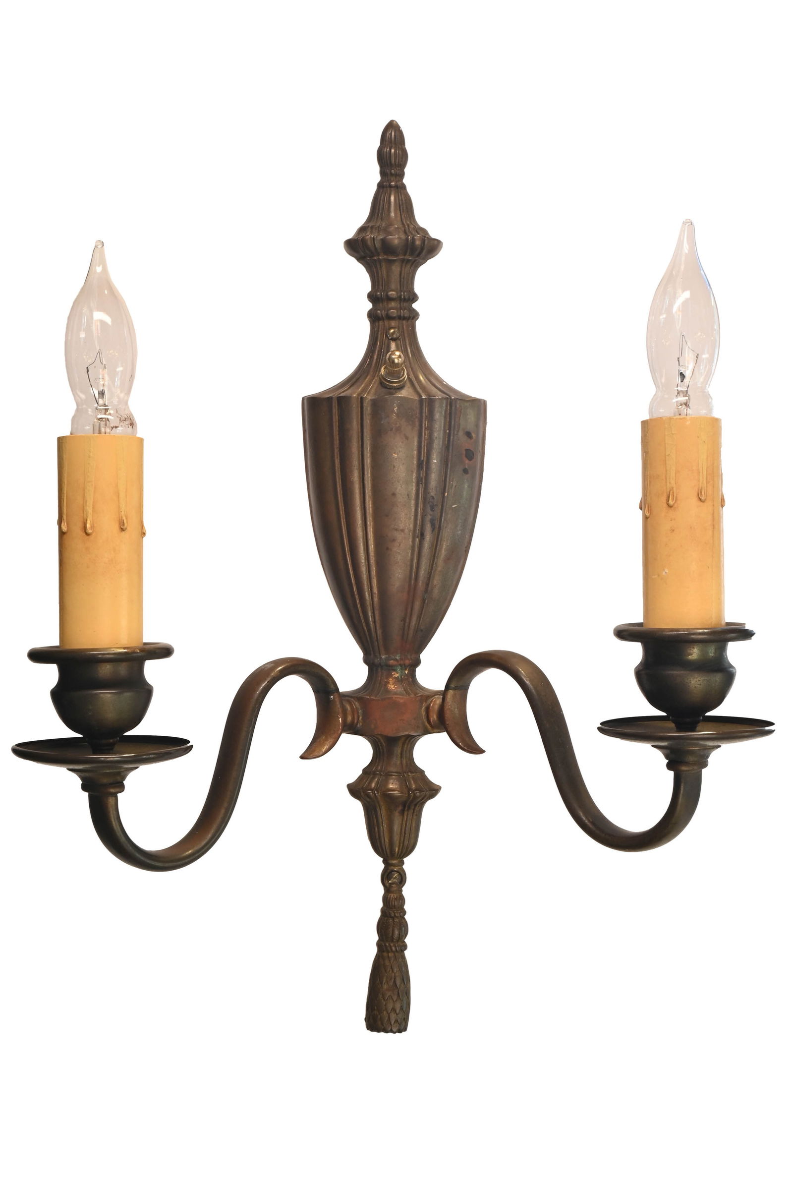 Pair of colonial brass two candle sconces with decorative tassel (1 of 3)