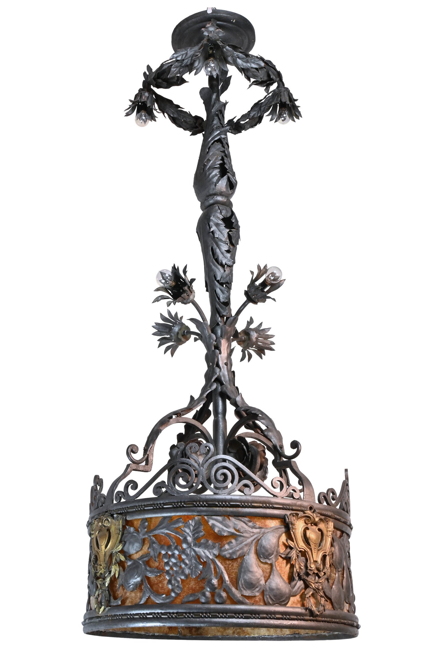 Unique oversized cutwork and wrought iron chandelier with fruit details and mica drum shade (1 of 8)