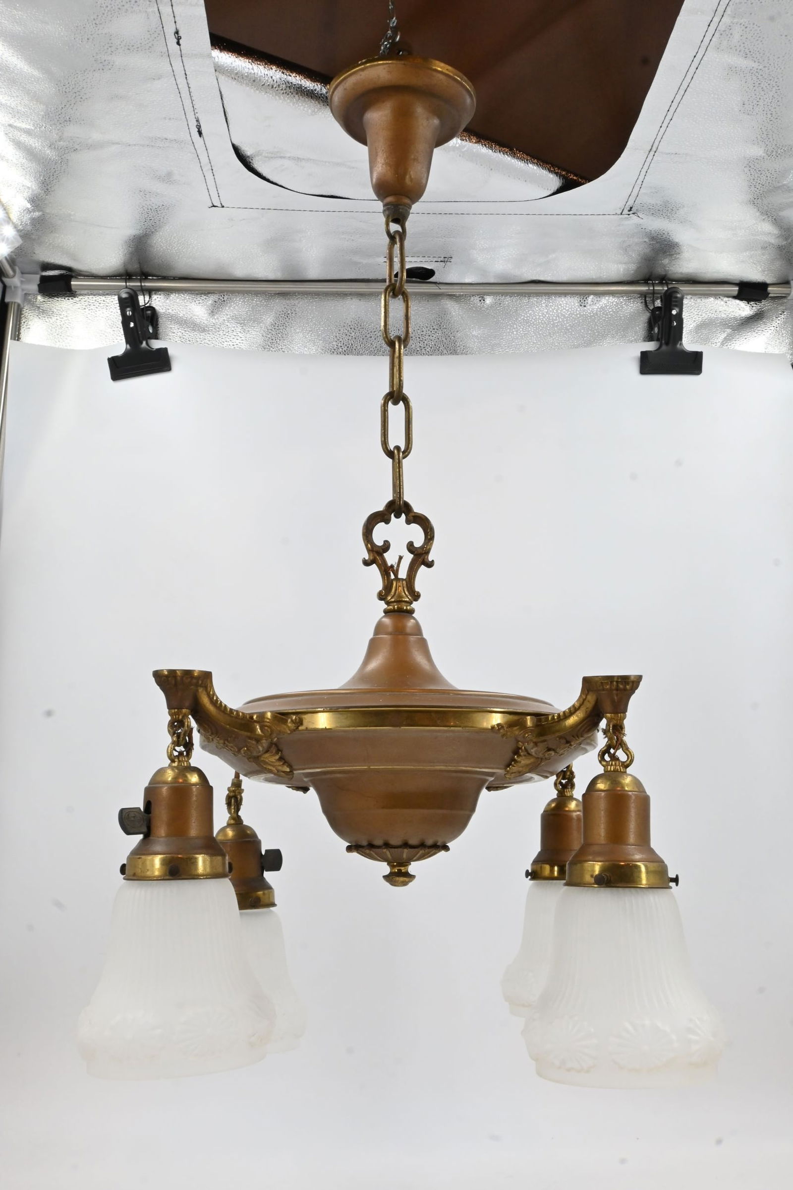 Two tone four shade pan chandelier with pressed frosted shades (1 of 18)