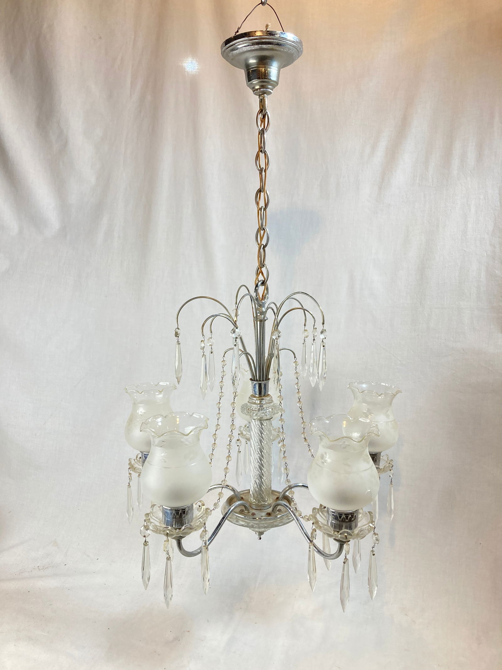 Elegant nickel and crystal 5 arm chandelier with etched chimneys (1 of 2)