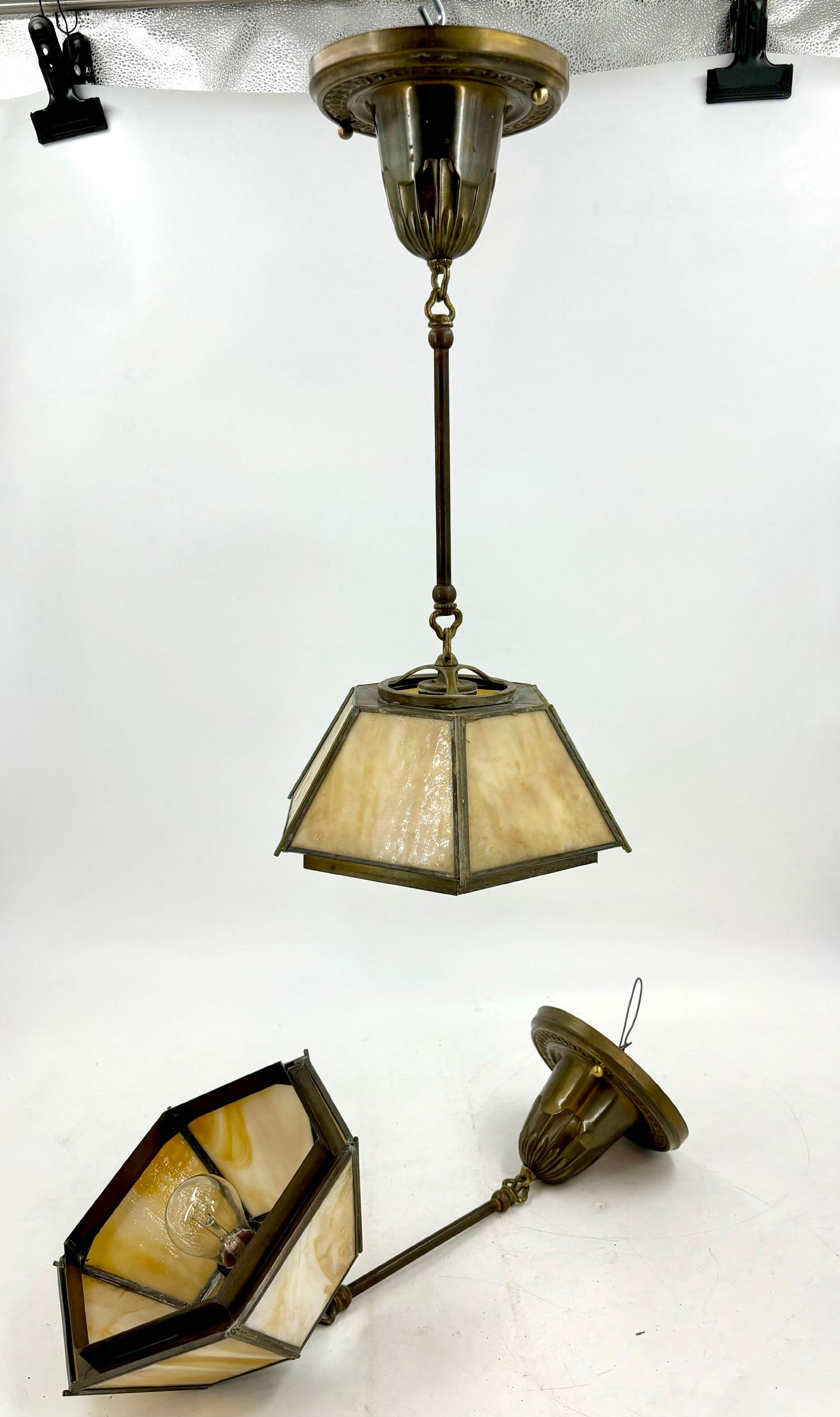 Pair of caramel slag glass pendants with stamped ornate canopies (1 of 5)