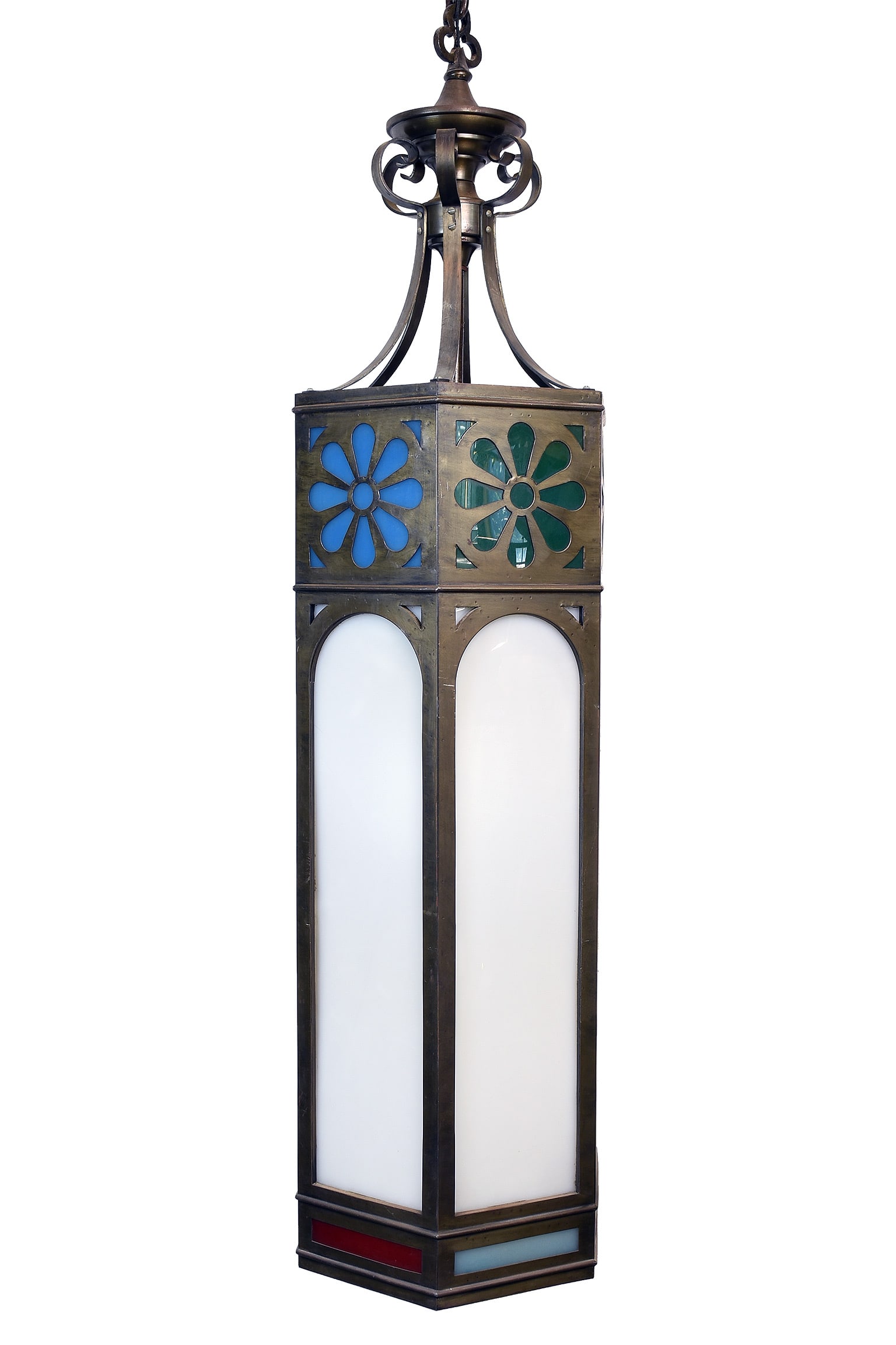 Pair of large hexagonal church pendants with Gothic arches and flowers (1 of 6)