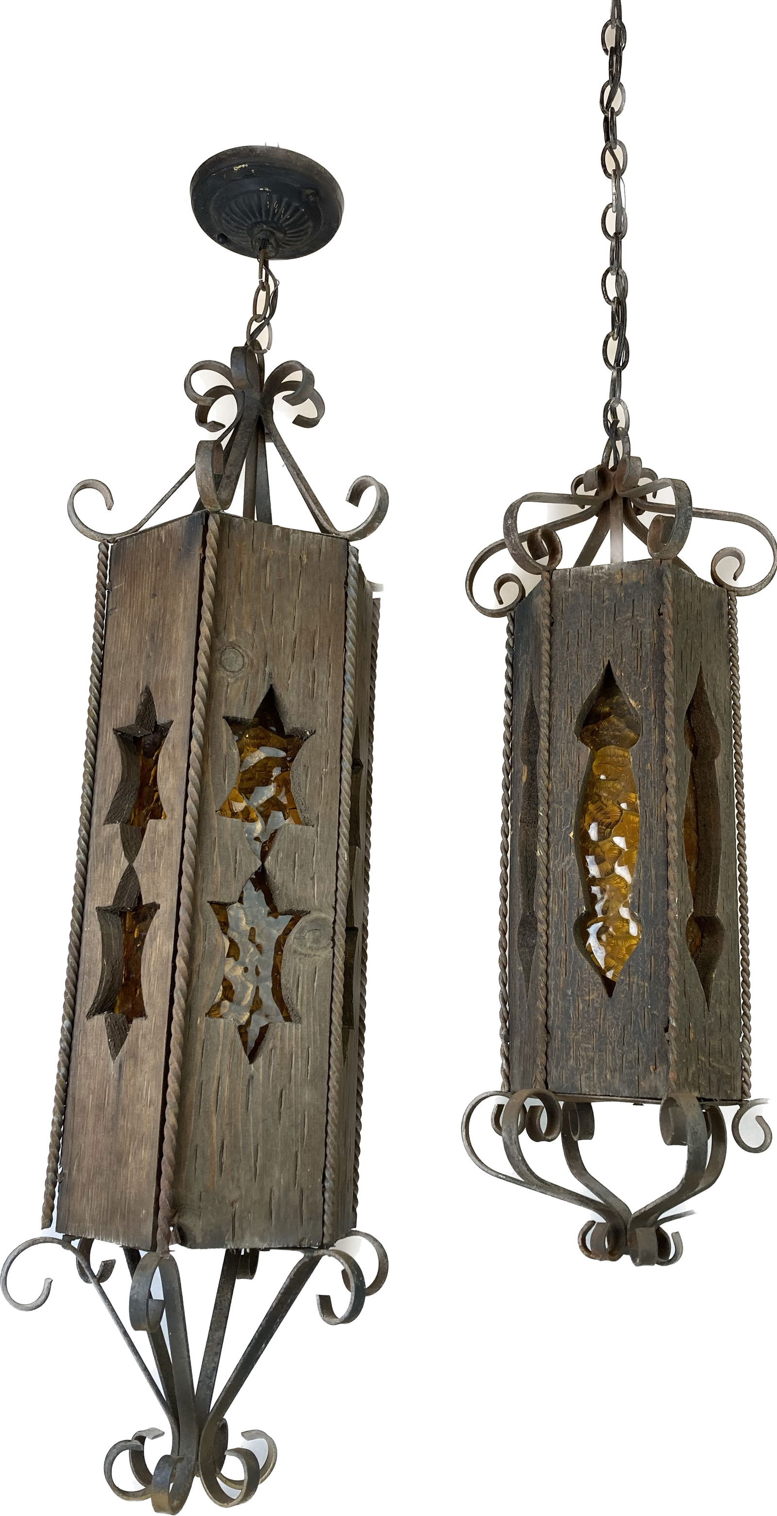 Pair of long wooden and wrought iron lantern pendants with amber textured glass, two different sizes (1 of 3)