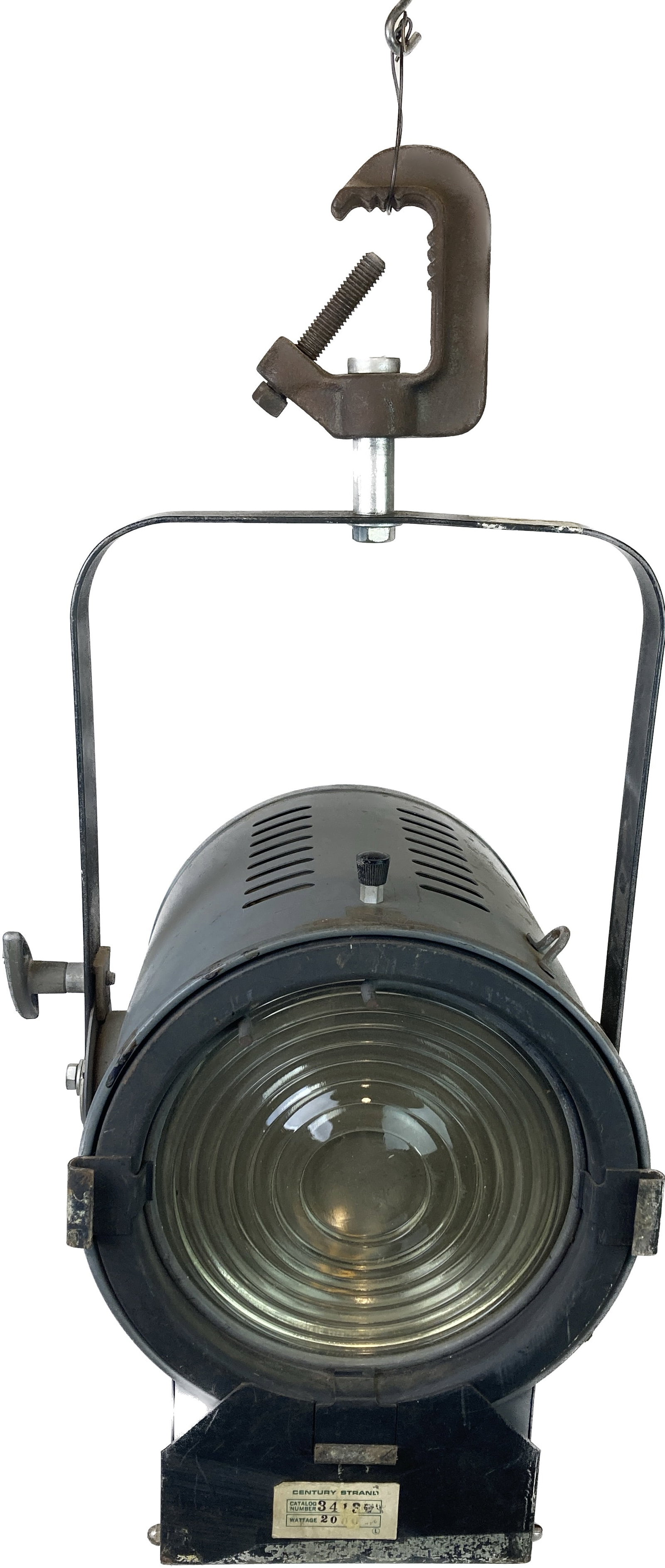 Century Strand theater lighting fixture with fresnel lens: Century Strand theater lighting fixture with fresnel lens. 26 1/2" tall x 13 1/2" wide x 14" deep. Converted to medium Edison socket. This item is offered with no reserve.