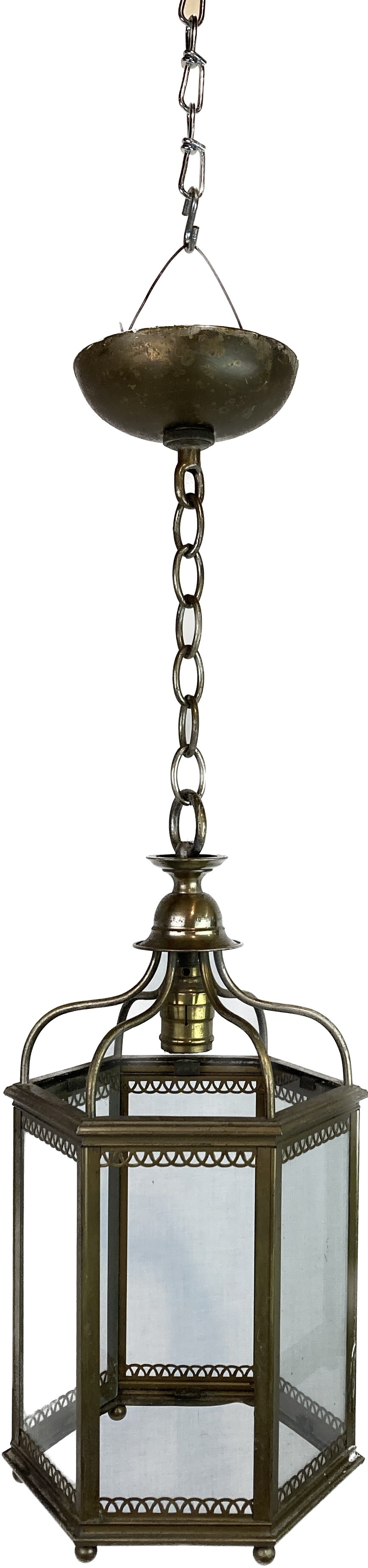 Hexagonal brass lantern pendant: Hexagonal brass lantern pendant. One medium Edison socket. 26 1/2" drop x 8 1/2" diameter. Missing panes of glass. This item is offered with no reserve.