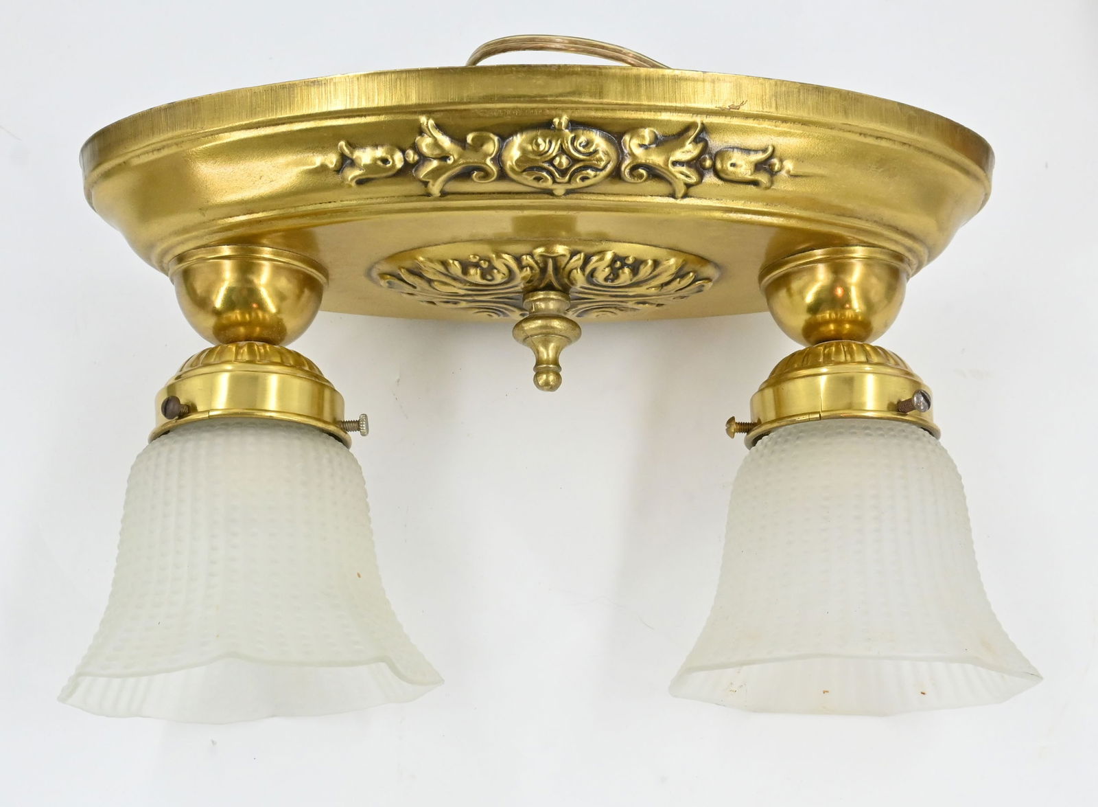 Oval Polished brass stamped flushmount with frosted hobnail shades (1 of 11)