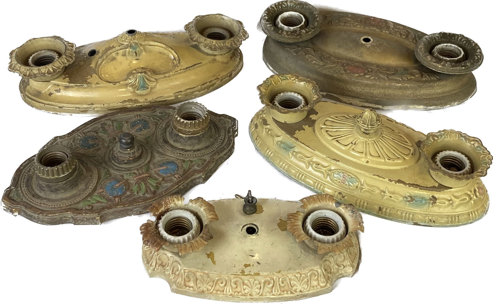 Set of five unmatched brass polychrome two bare bulb flushmount light fixtures (1 of 17)