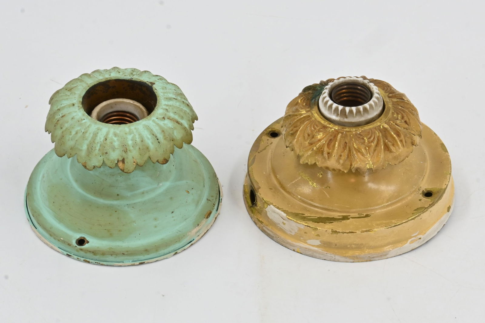 Set of two painted stamped and spun brass barebulb flushmount fixtures (1 of 9)