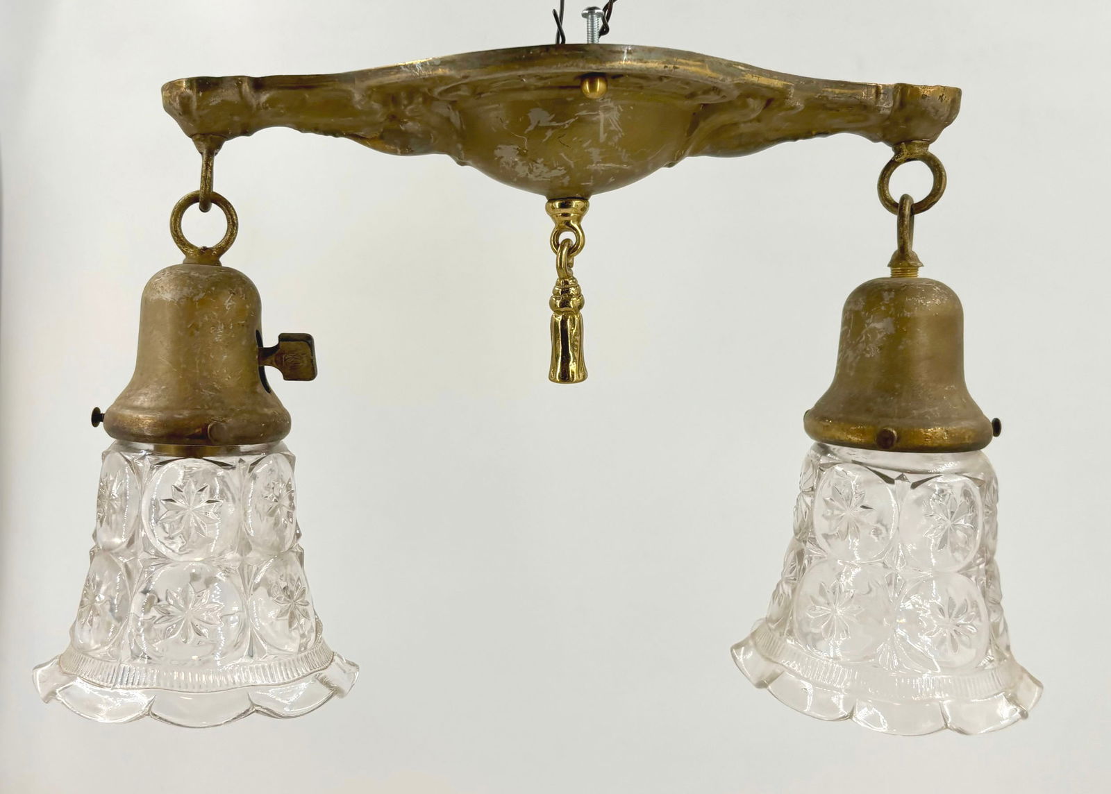 Two shade brass flushmount light fixture with pressed glass shades (1 of 9)