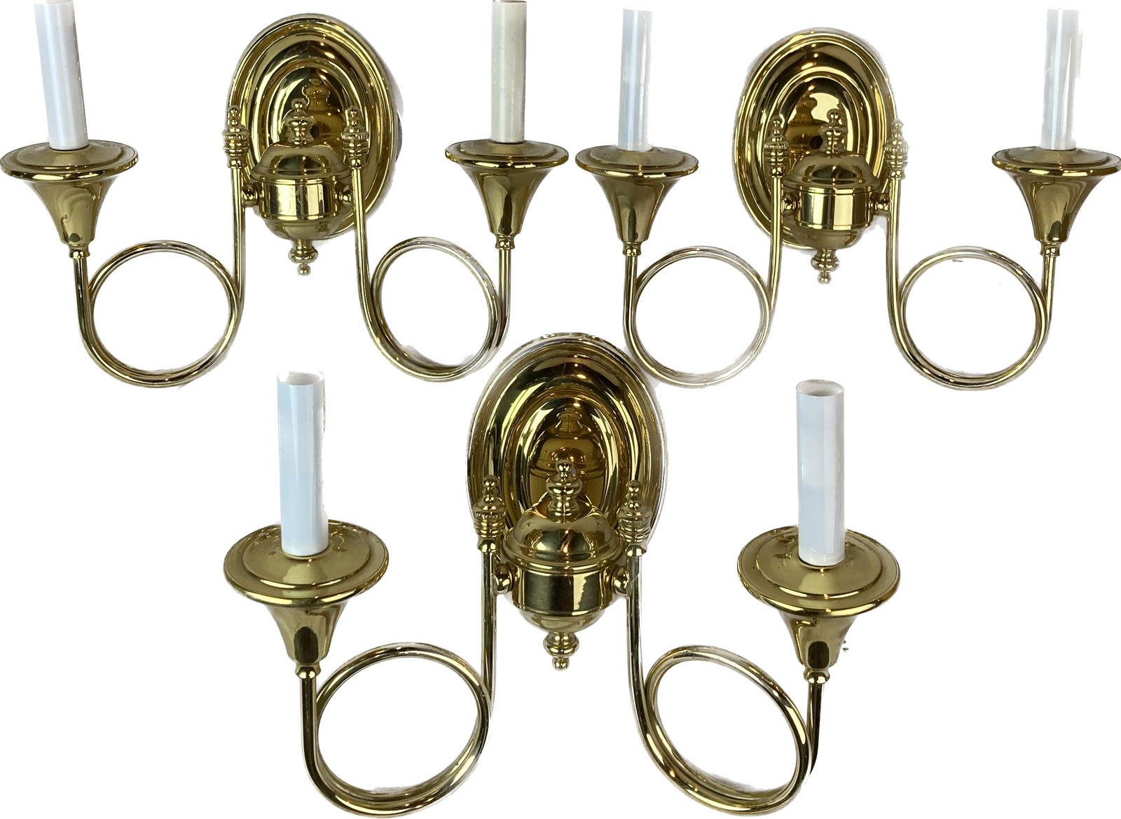 Set of three polished brass double arm candle sconces with scroll arms (1 of 3)