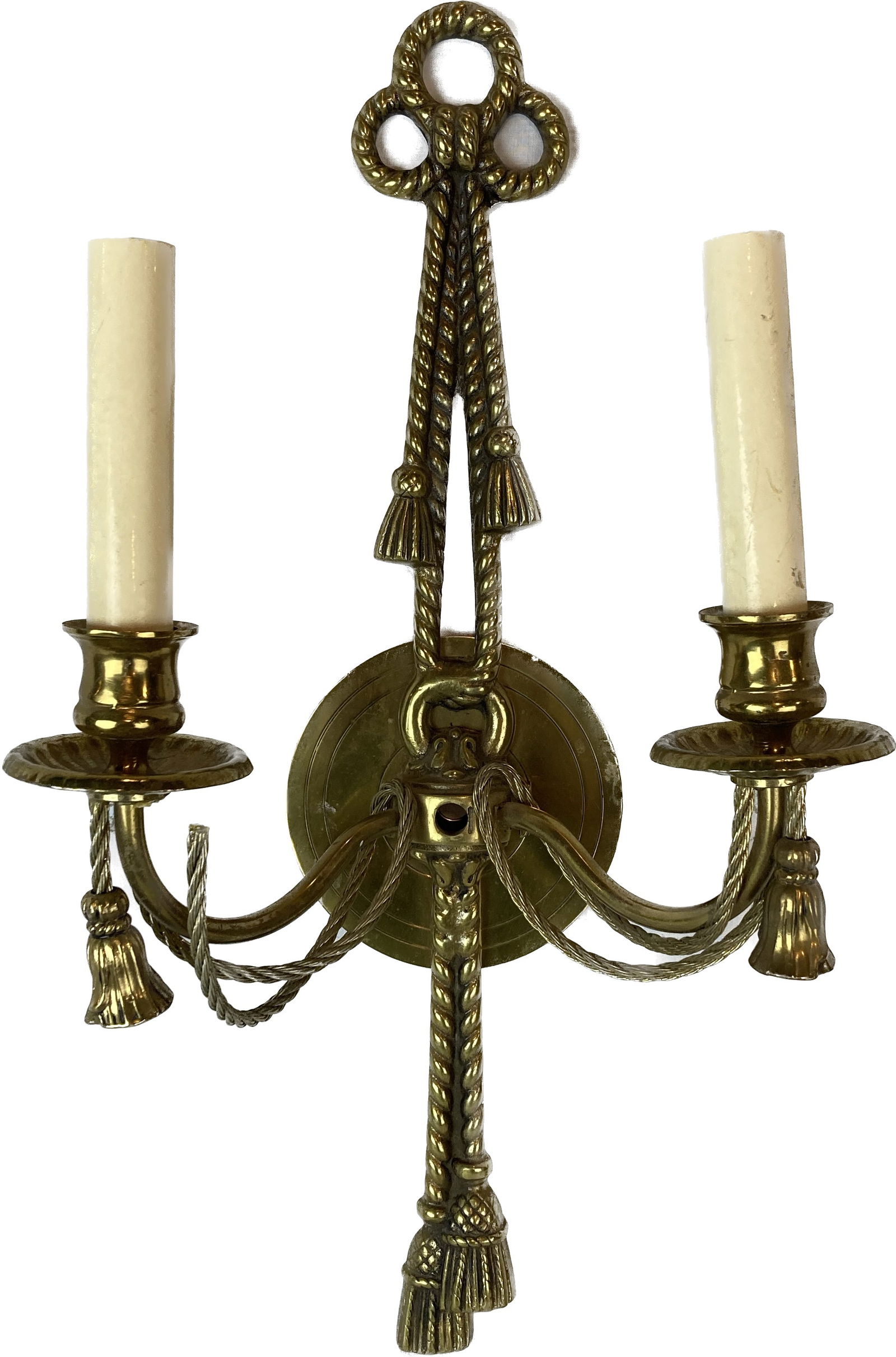 Cast brass tassel design double arm candle sconce with braided brass roping (1 of 11)