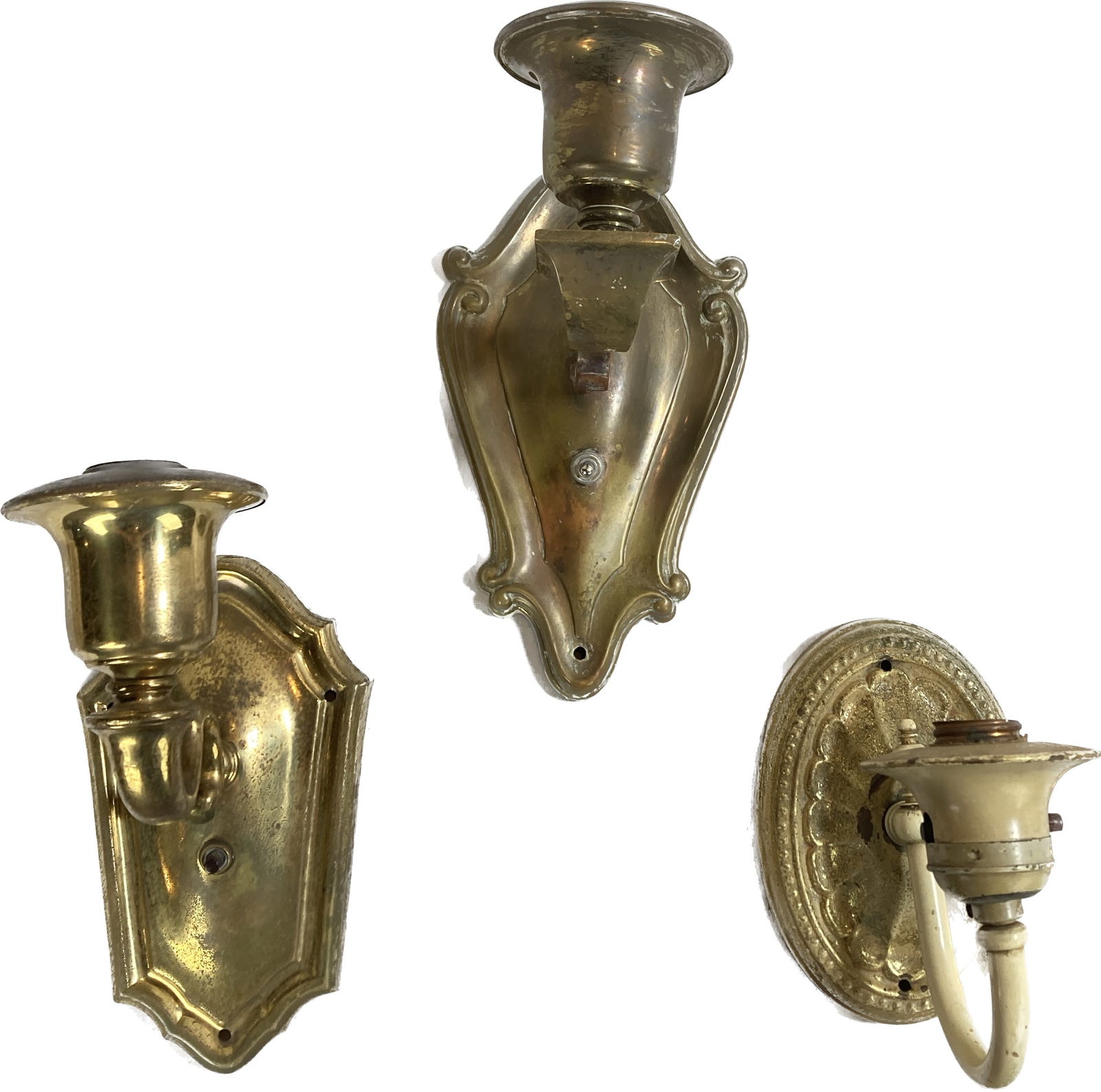 Group of 3 stamped brass sconces with single arms and bare bulb (1 of 20)