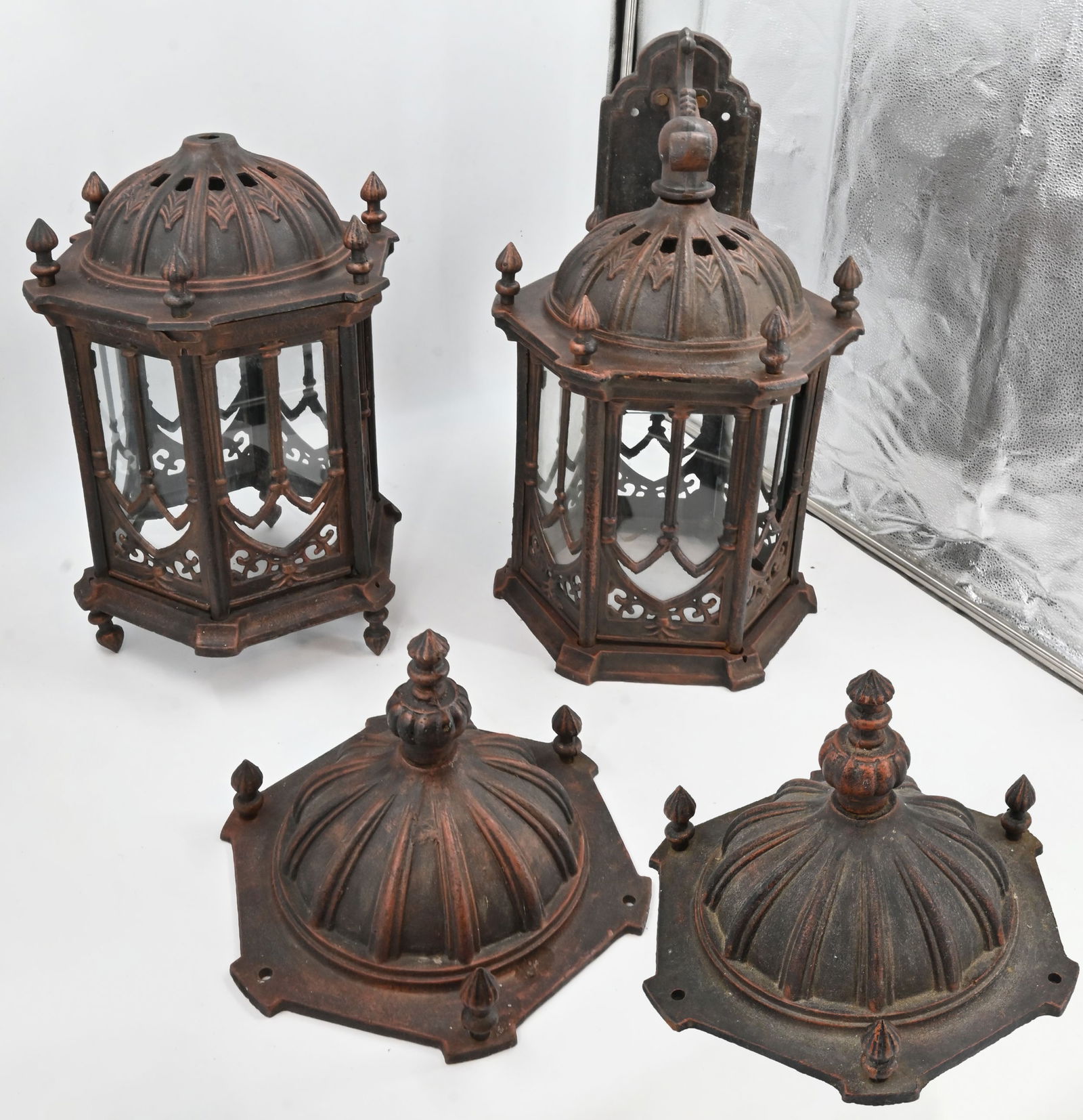 Oversized cast iron red polychrome exterior sconce and additional parts (1 of 16)