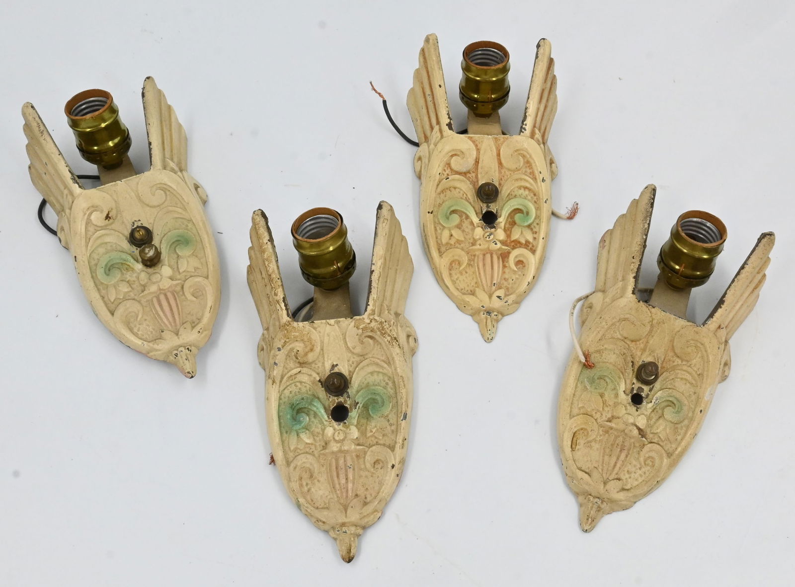 Set of four matching polychrome slip shade deco sconce bodies, no shades. (1 of 19)