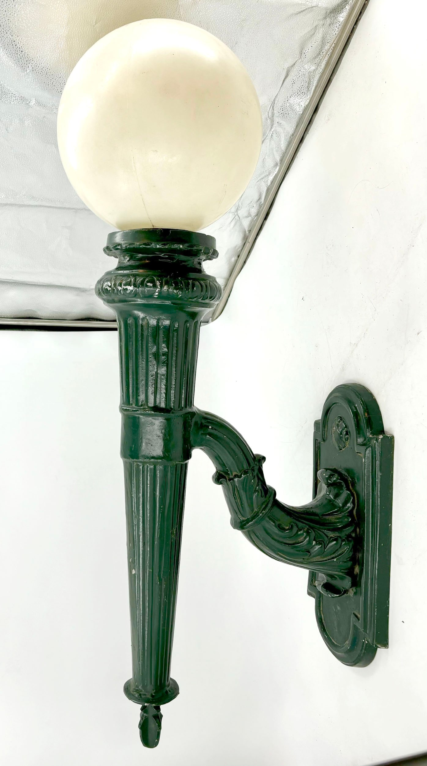 Oversized green aluminum exterior sconce with acrylic globe. (1 of 12)