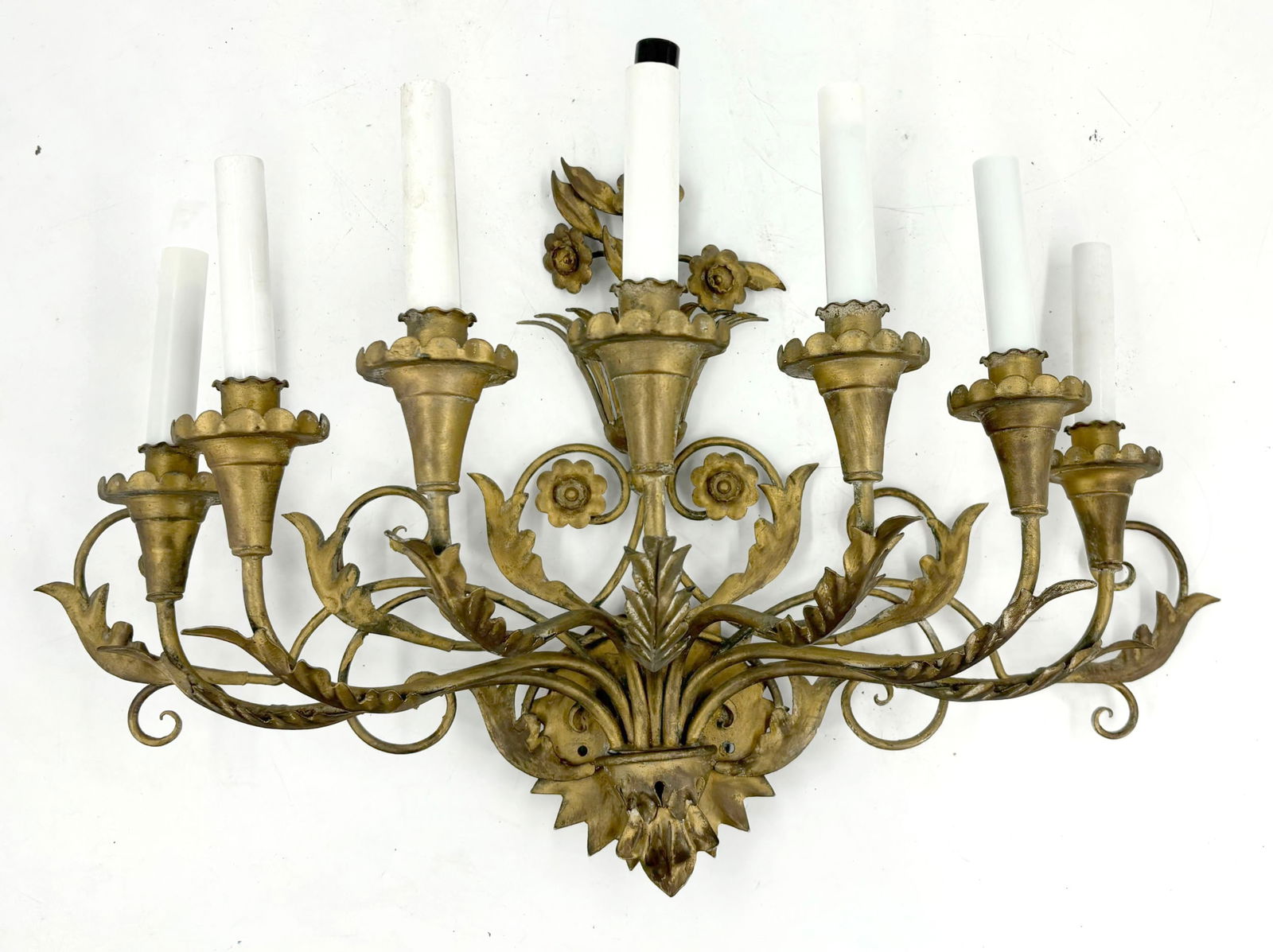 Oversized gold painted stamped steel rococo style sconce with seven arms (1 of 11)