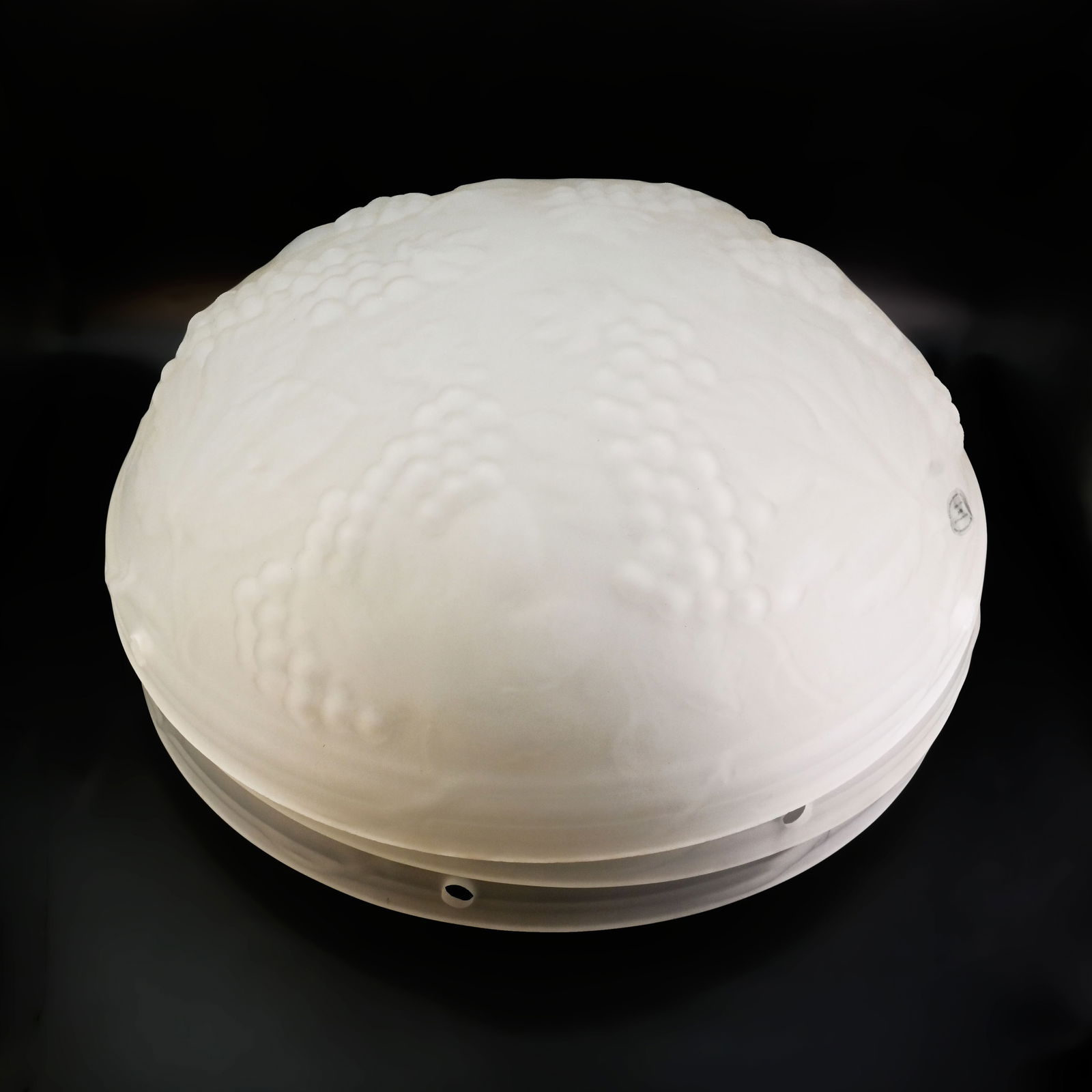 Set of three matching elegant frosted French blown glass 3-chain bowls: Set of three matching French blown glass 3-chain bowls. Holes on edge slip 1/8 IP rod. 4 3/4" tall x 14" diameter. This item is offered with no reserve.