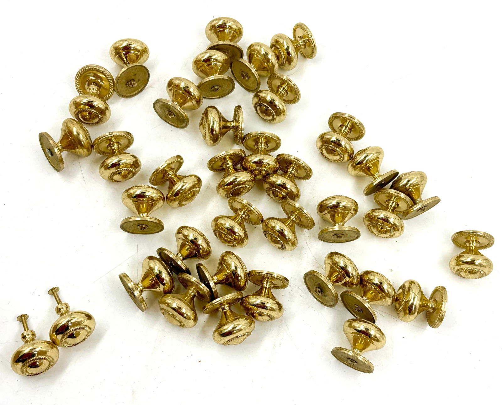 Group of 34 polished brass pulls with rosettes and screws (1 of 6)