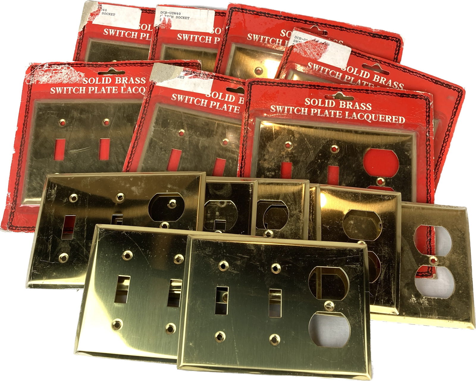 Set of 17 matching solid brass lacquered outlet and double switch plates (1 of 4)