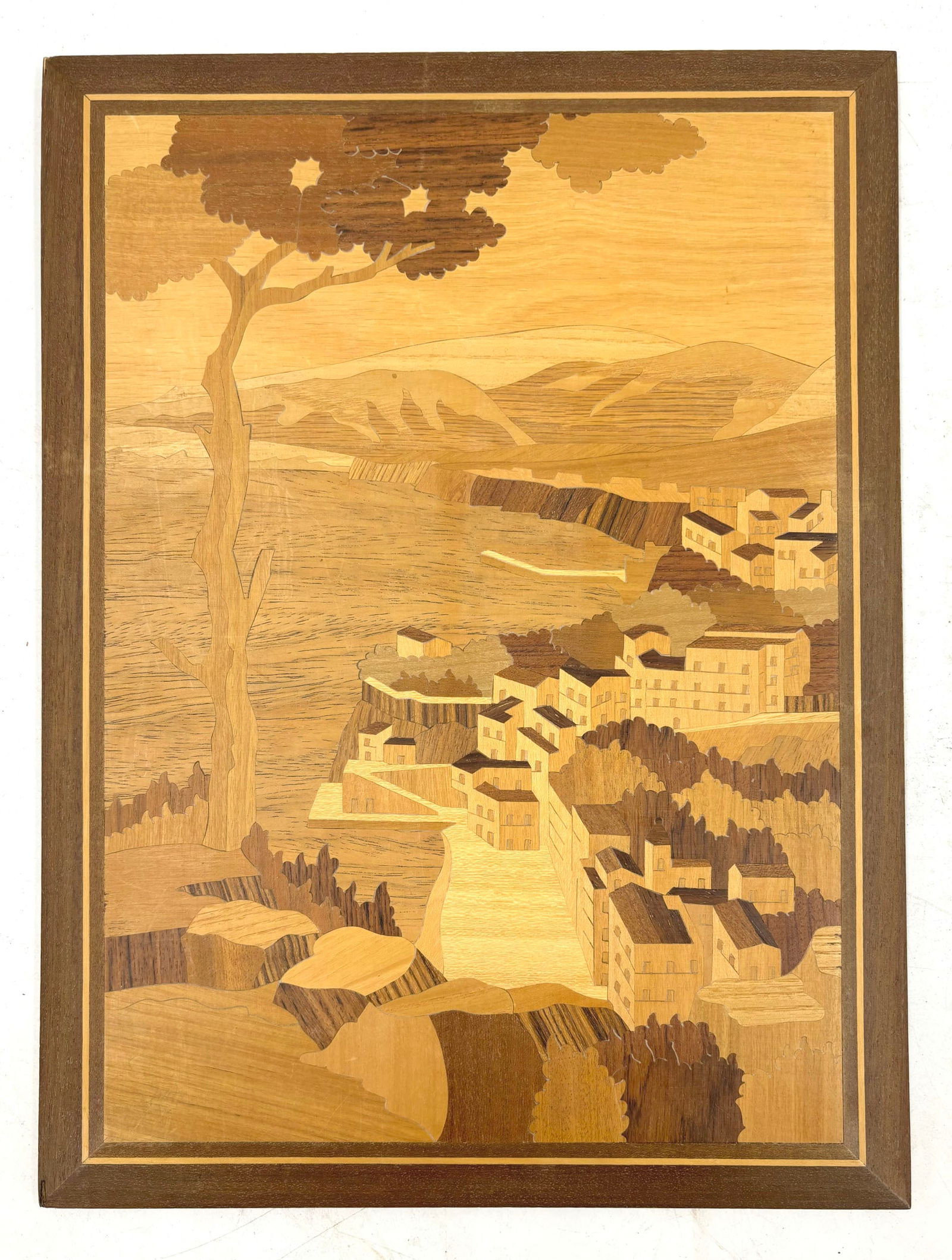 Marquetry artwork with Italian seaside village scene. (1 of 8)