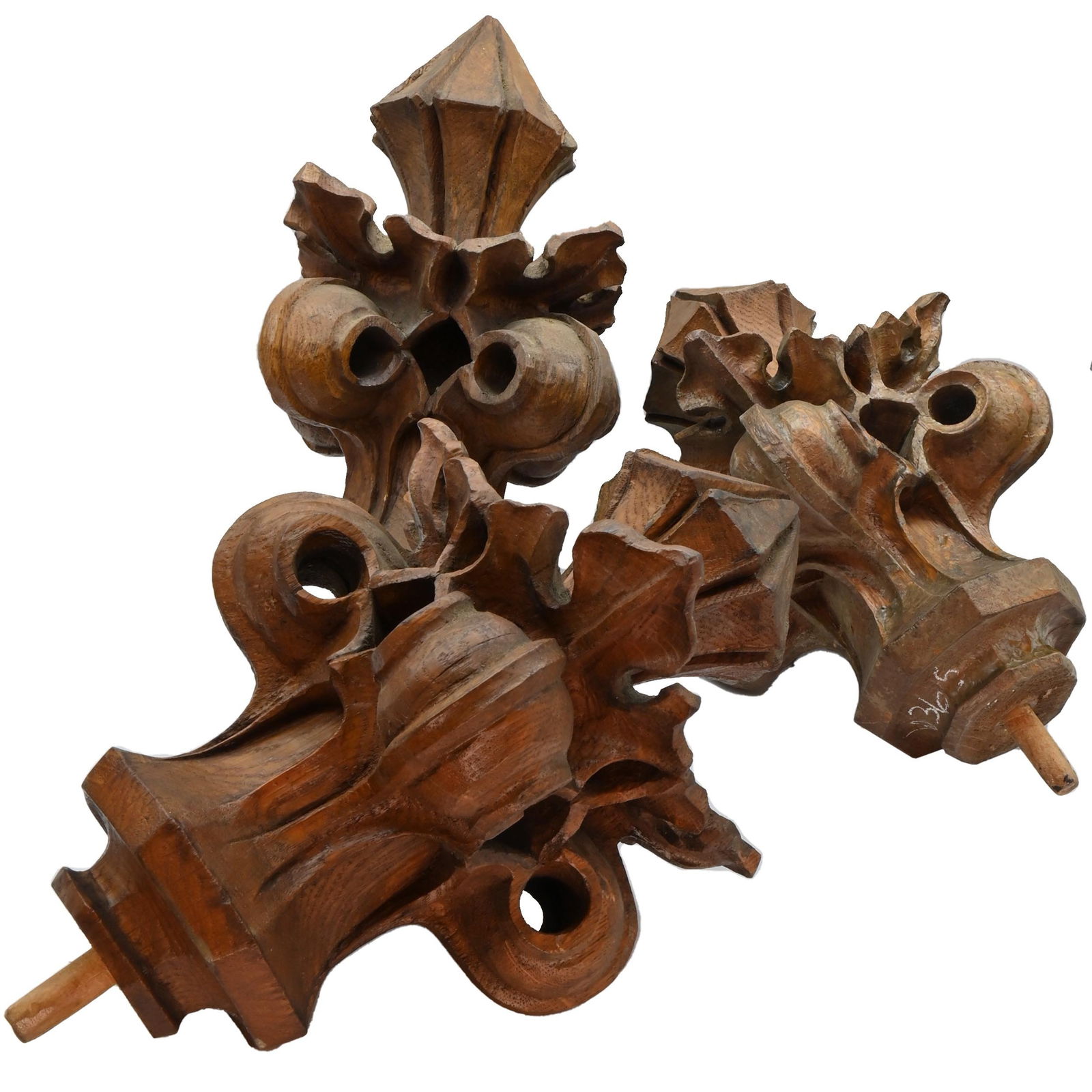 Set of six oak gothic carved ornamental finials with crockets on walnut bases (1 of 5)