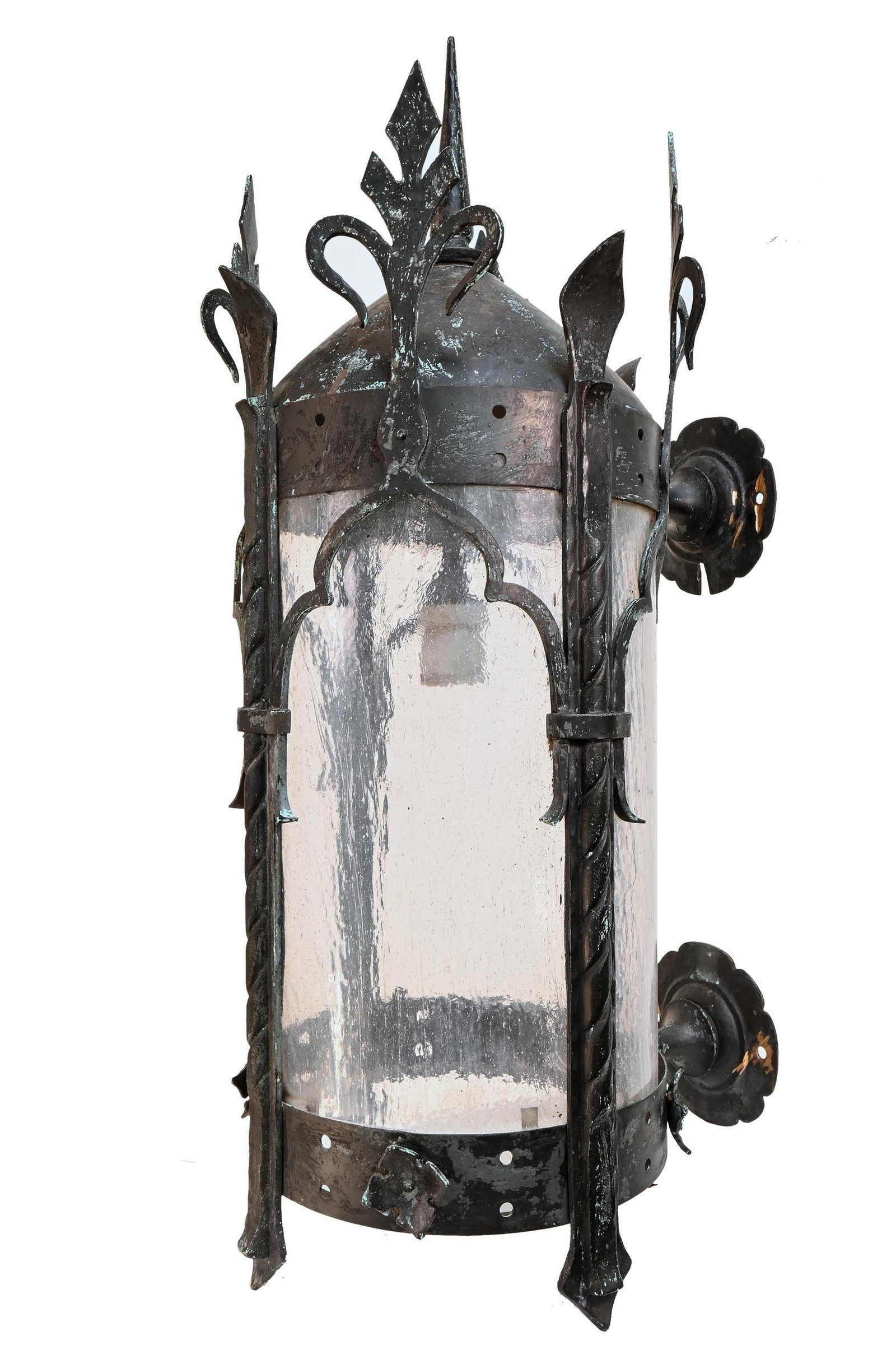 Black over copper exterior large scale sconce with crackle glass: Black over copper exterior large scale sconce with crackle glass. Circa: 1920s. Condition: Age Consistent. Material: Cast & Hand Worked Copper and Tube Crackle Glass. Illumination: One medium Edison P