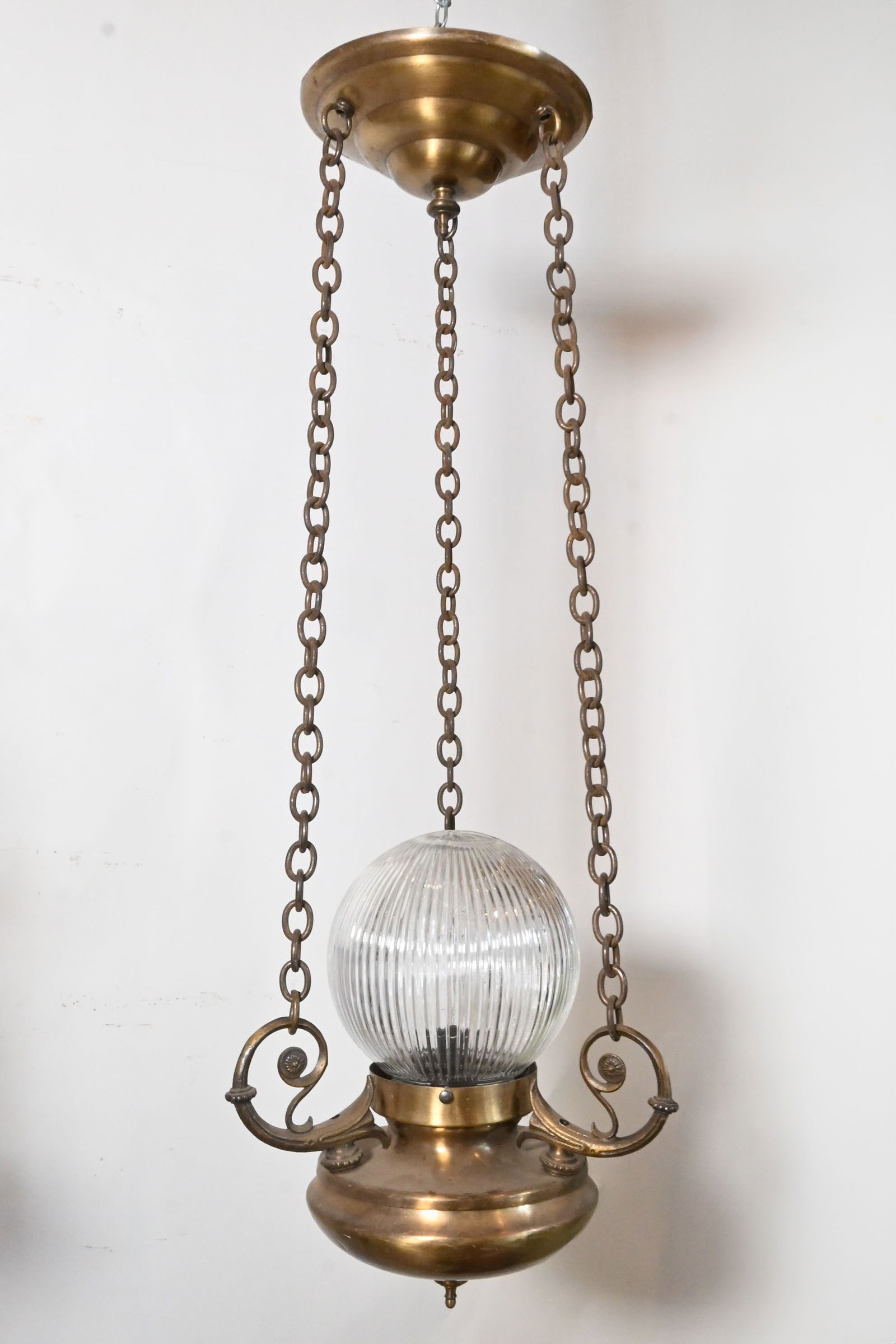 Three chain cast brass font pendant with fluted clear glass globe (1 of 2)