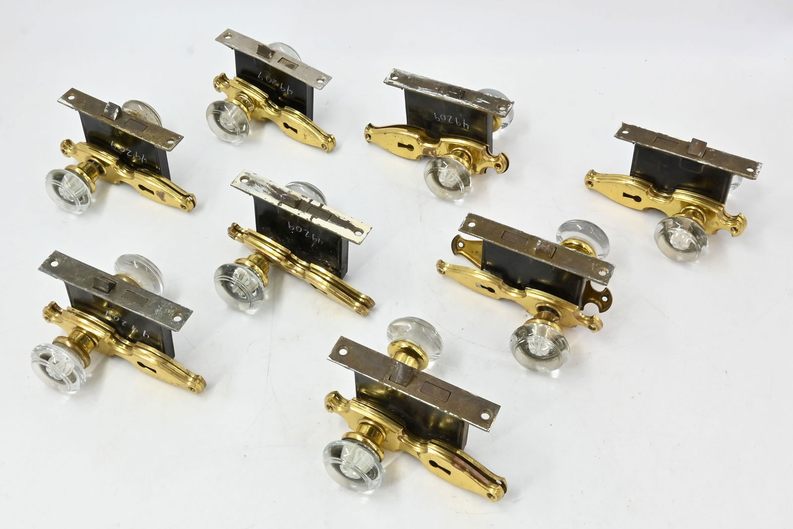 Set of eight complete crystal knob with brass deco passage lock sets (1 of 2)
