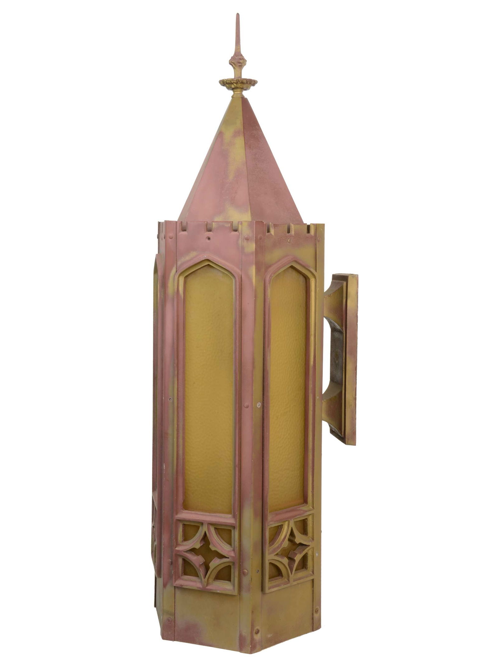 Large gothic aluminum exterior sconce with amber glass (1 of 3)