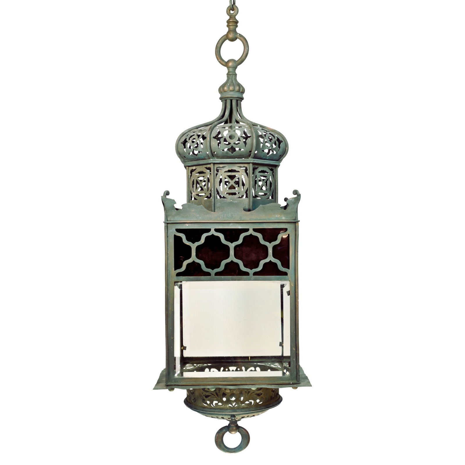 Oversized copper beveled glass lantern with verde gris patina (1 of 8)