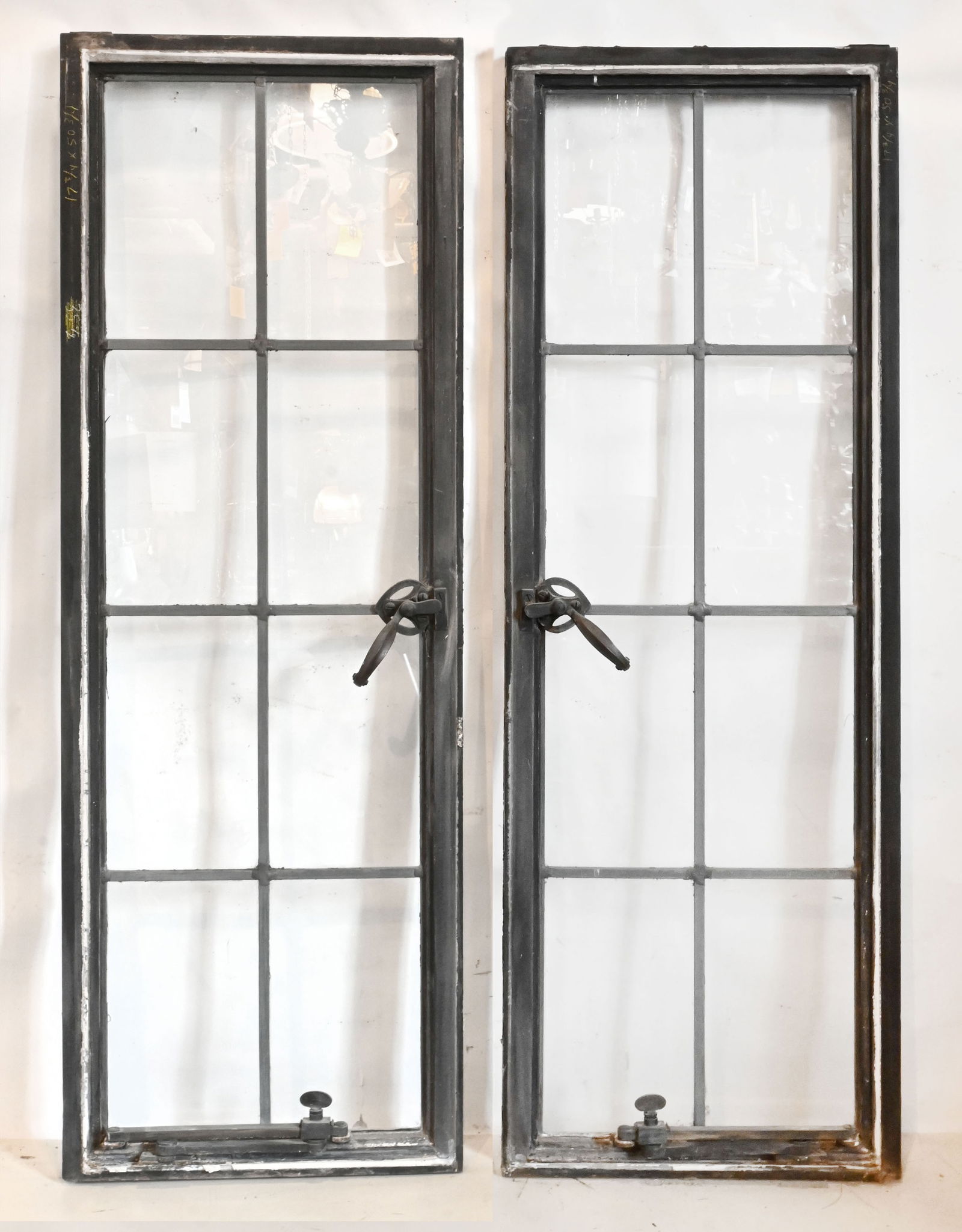 1ST PAIR OF THIS ITEM UP FOR AUCTION: Pair of iron casement windows with leaded divided 8 pane glass (1 of 5)