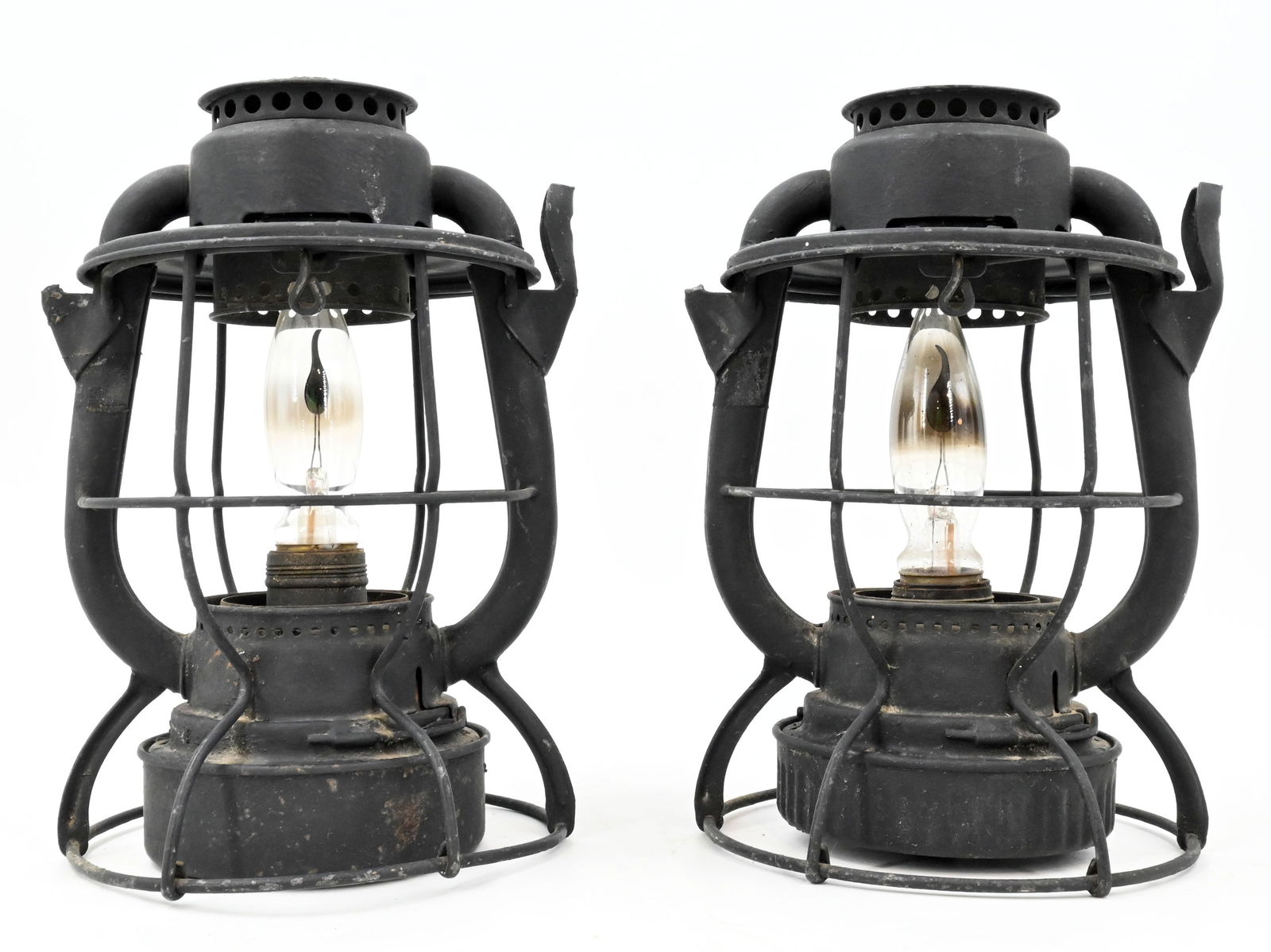 Pair of painted black railroad lanterns by Dietz Vesta (1 of 2)
