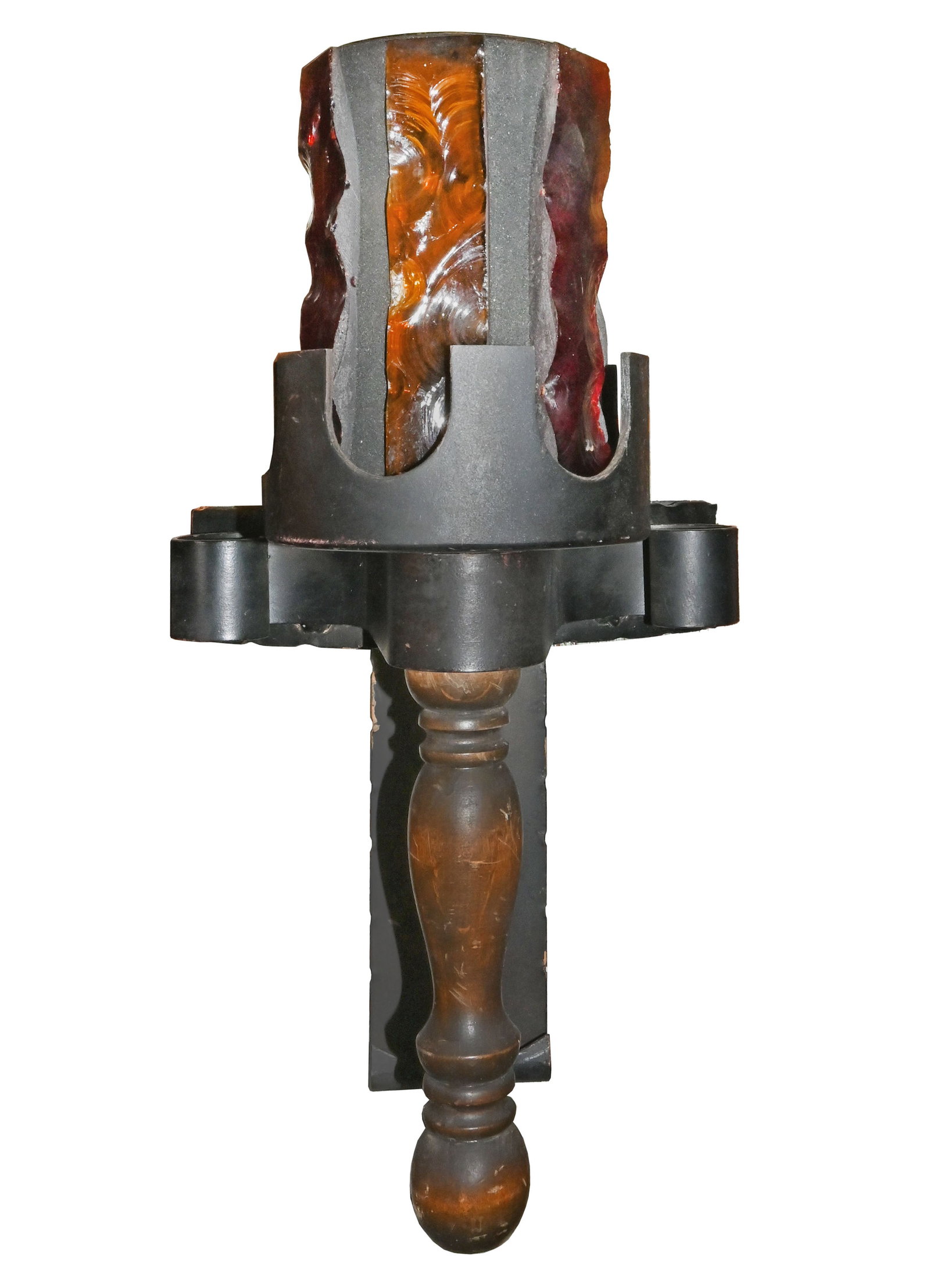 Pair of chunk glass Mid Century Modern sconces: Pair of chunk glass Mid Century Modern sconces. Condition: Age Consistent. Materials: Yellow and Red chunk glass, steel, wood, acrylic, black grout. Illumination: one medium Edison socket. Dimensions: