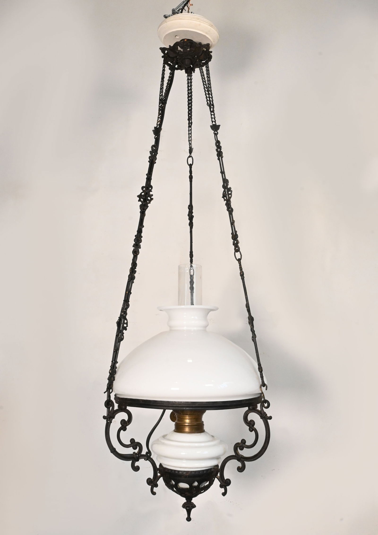 Black cast iron  and white milk glass converted victorian oil/kerosene lamp pendant (1 of 2)