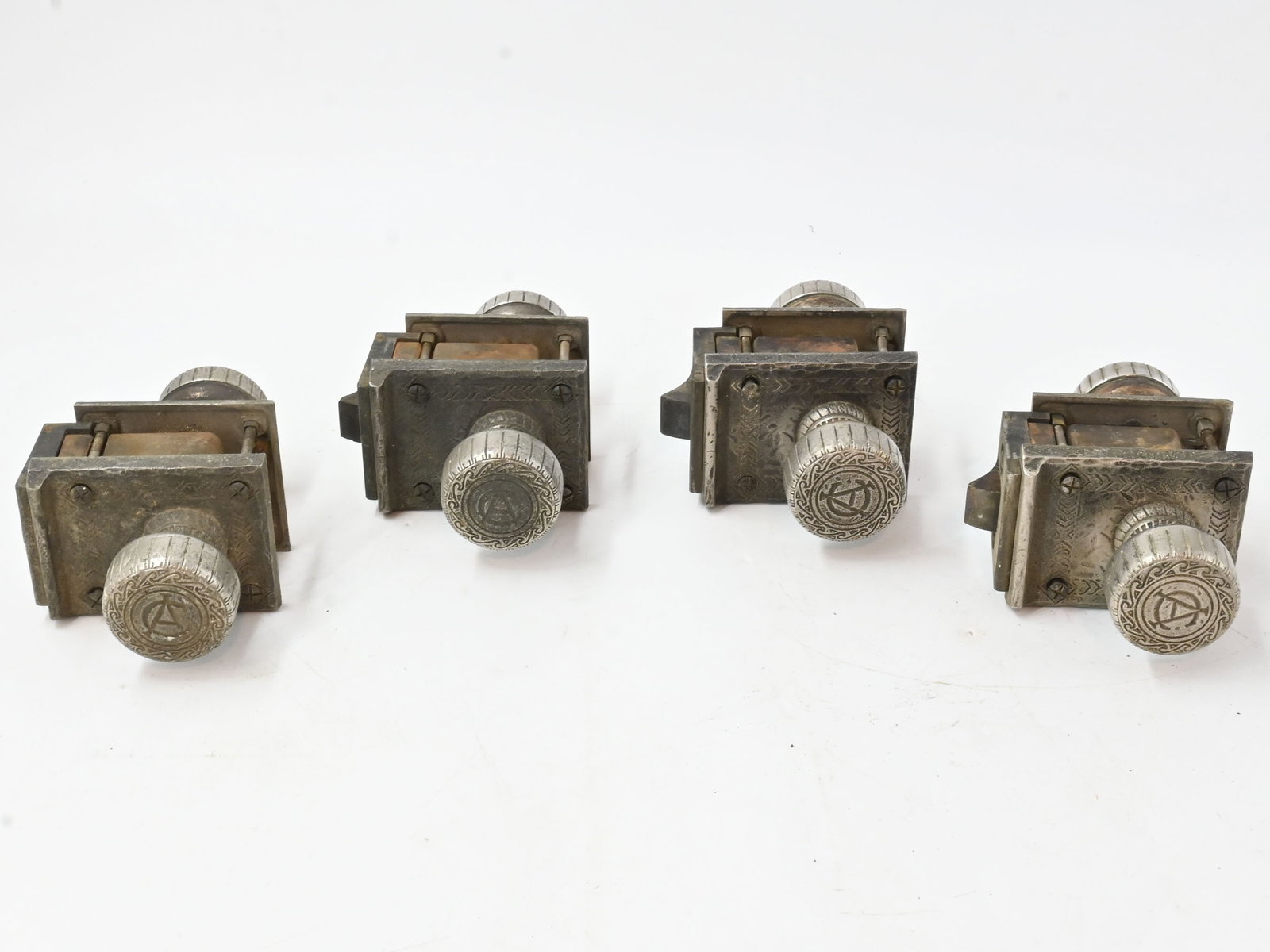 Set of four Yale & Towne Mfg Co. monolock sets with initials CA or AC: Set of four Yale & Towne Mfg Co. monolock sets with initials CA or AC. Condition: Age Consistent. Dimensions: Knobs are 2.25 inch diameter x 2. 25 inch projection. Entire unit without knobs is 4.25 in