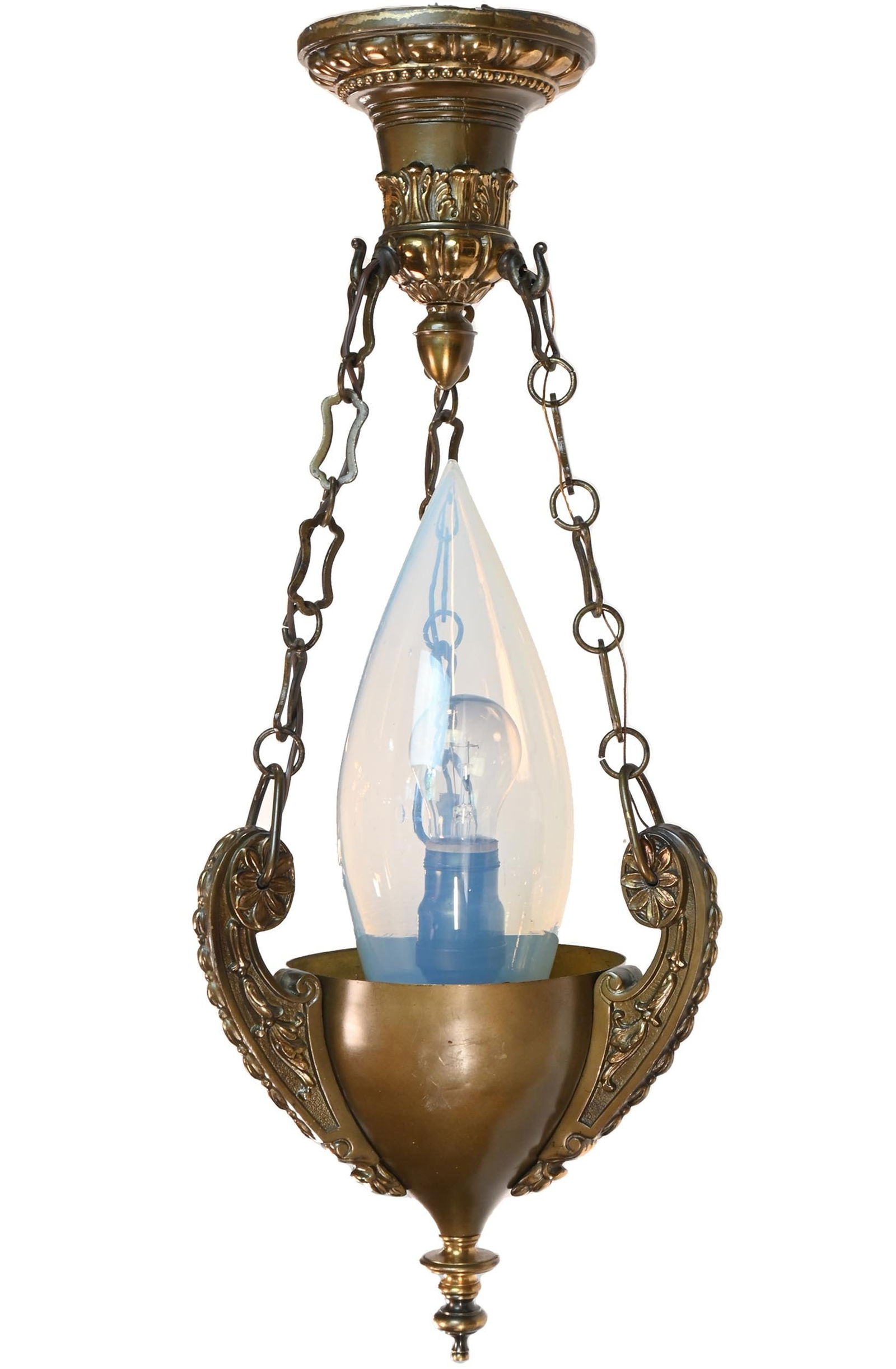Grecian three chain brass pendant with translucent glass torpedo shade (1 of 4)