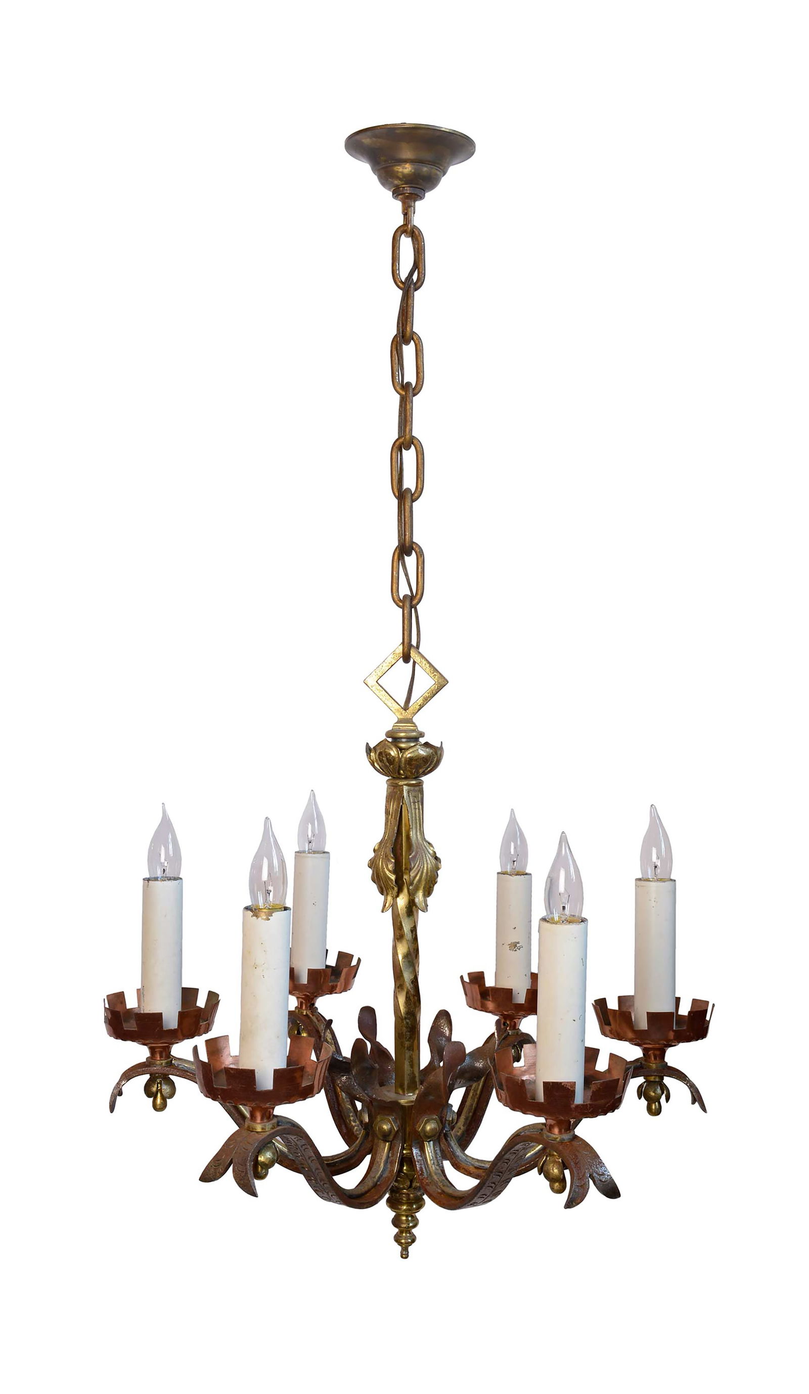 Pair of Gothic Revival six arm iron, brass, and copper chandeliers (1 of 7)